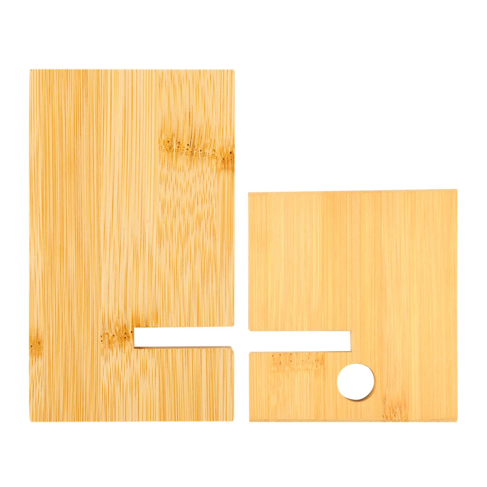 A bamboo phone stand comprising two interlocking pieces, featuring warm tones of natural bamboo. It has a circular cutout.