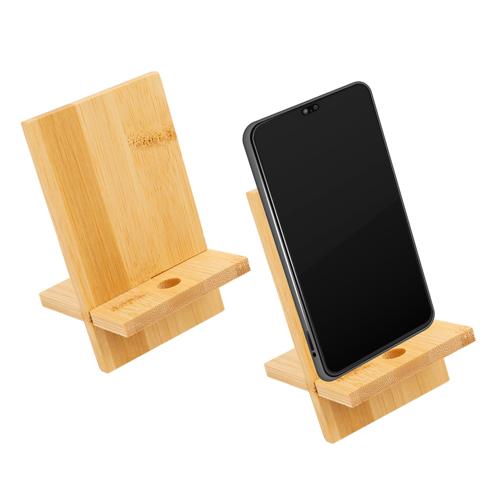 A bamboo phone stand featuring a simple design with a logo, in natural wood tones.