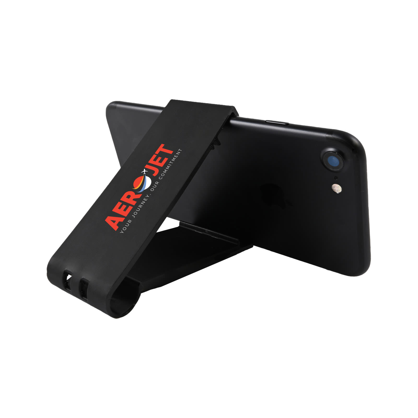 A Grip Clip Phone Stand designed to hold a smartphone upright, featuring a sleek black design with the logo 