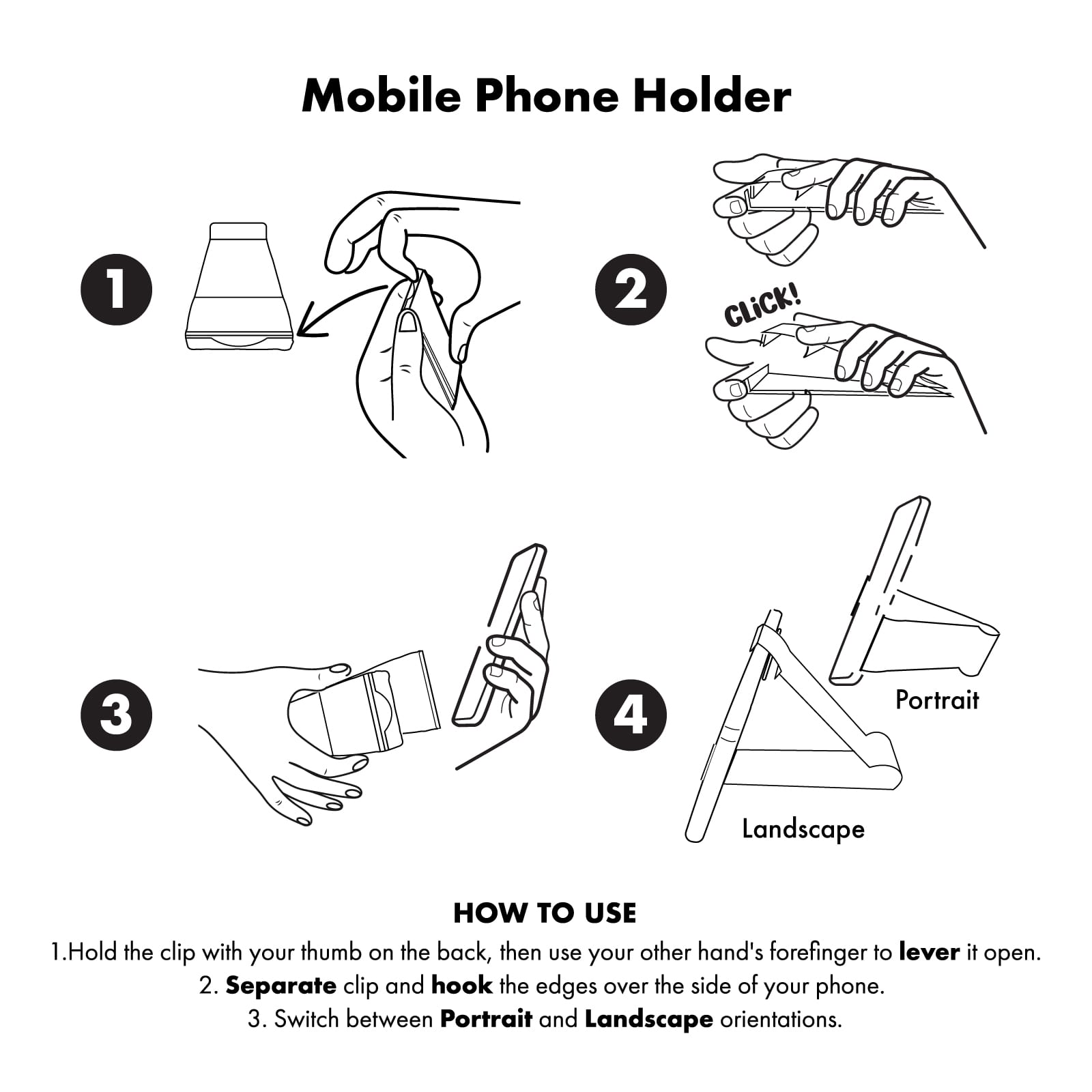 A graphic illustrating the use of a Grip Clip Phone Stand, featuring simple line drawings in black and white.