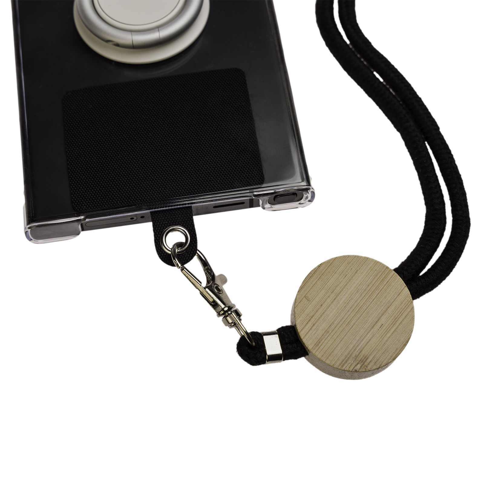 A black neck lanyard connects to a phone case with a wooden attachment, showcasing a sleek and functional design.