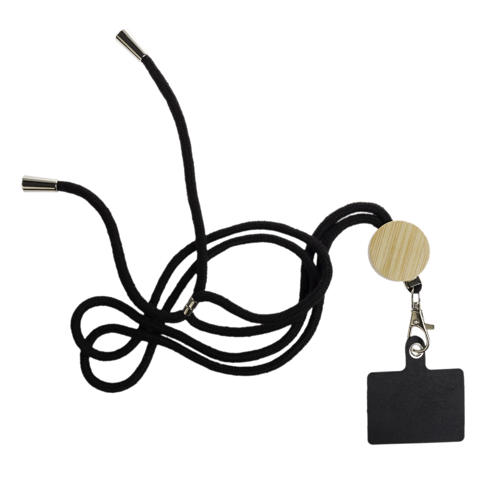 A neck lanyard featuring a wooden clip and a black pouch, designed to hold a phone securely.