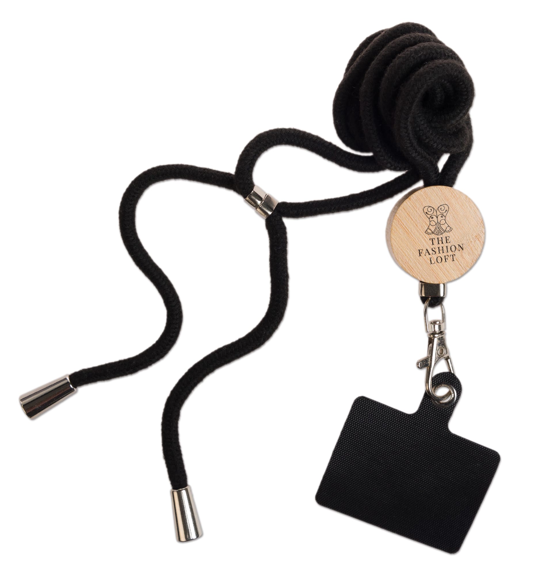A black neck lanyard with a wooden tag featuring 