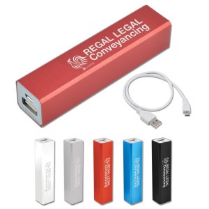 A red power bank with a USB output, accompanied by a charging cable, surrounded by options in silver, orange, and blue.