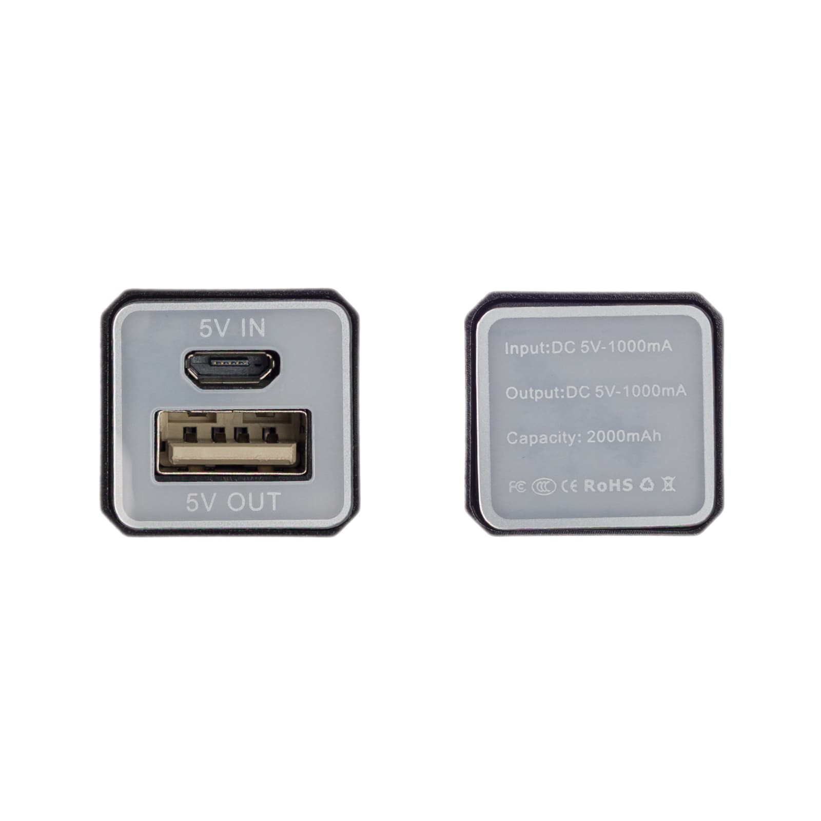 A compact black and gray power bank with USB and USB-C ports, featuring a capacity of 2,000 mAh.