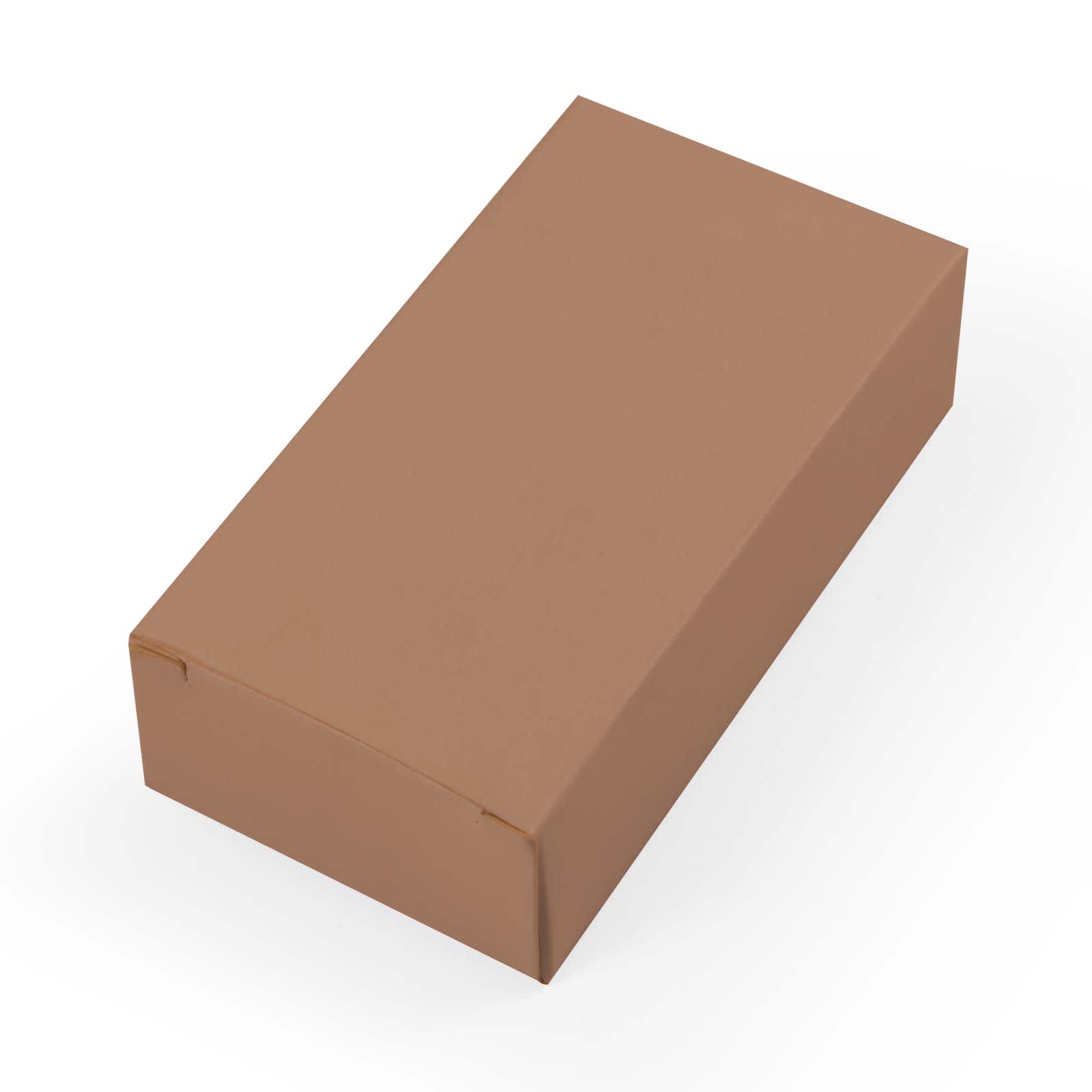A plain brown box designed for packaging, featuring a smooth surface and no visible branding or labels.