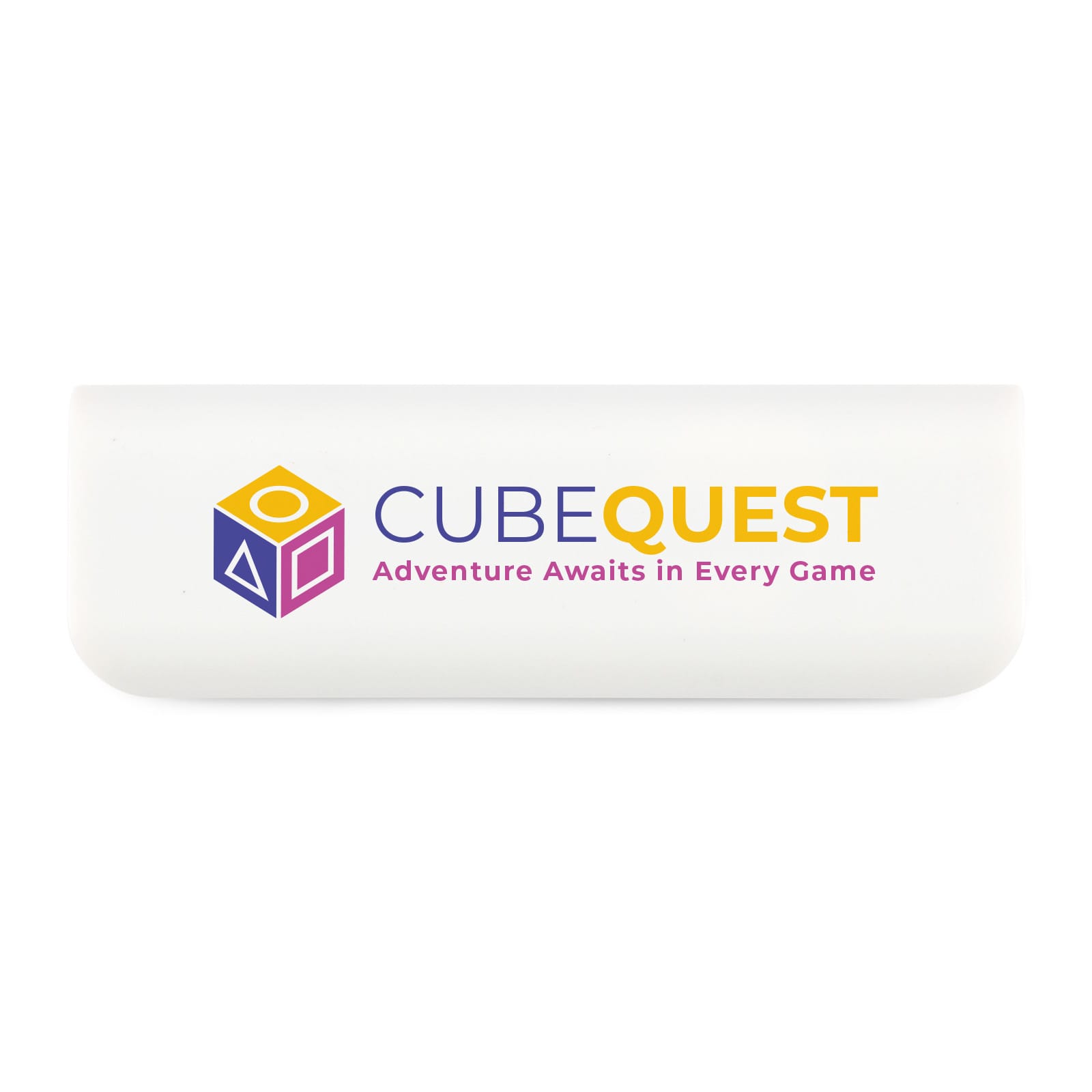 A white power bank with a compact design and a logo featuring colorful geometric shapes.