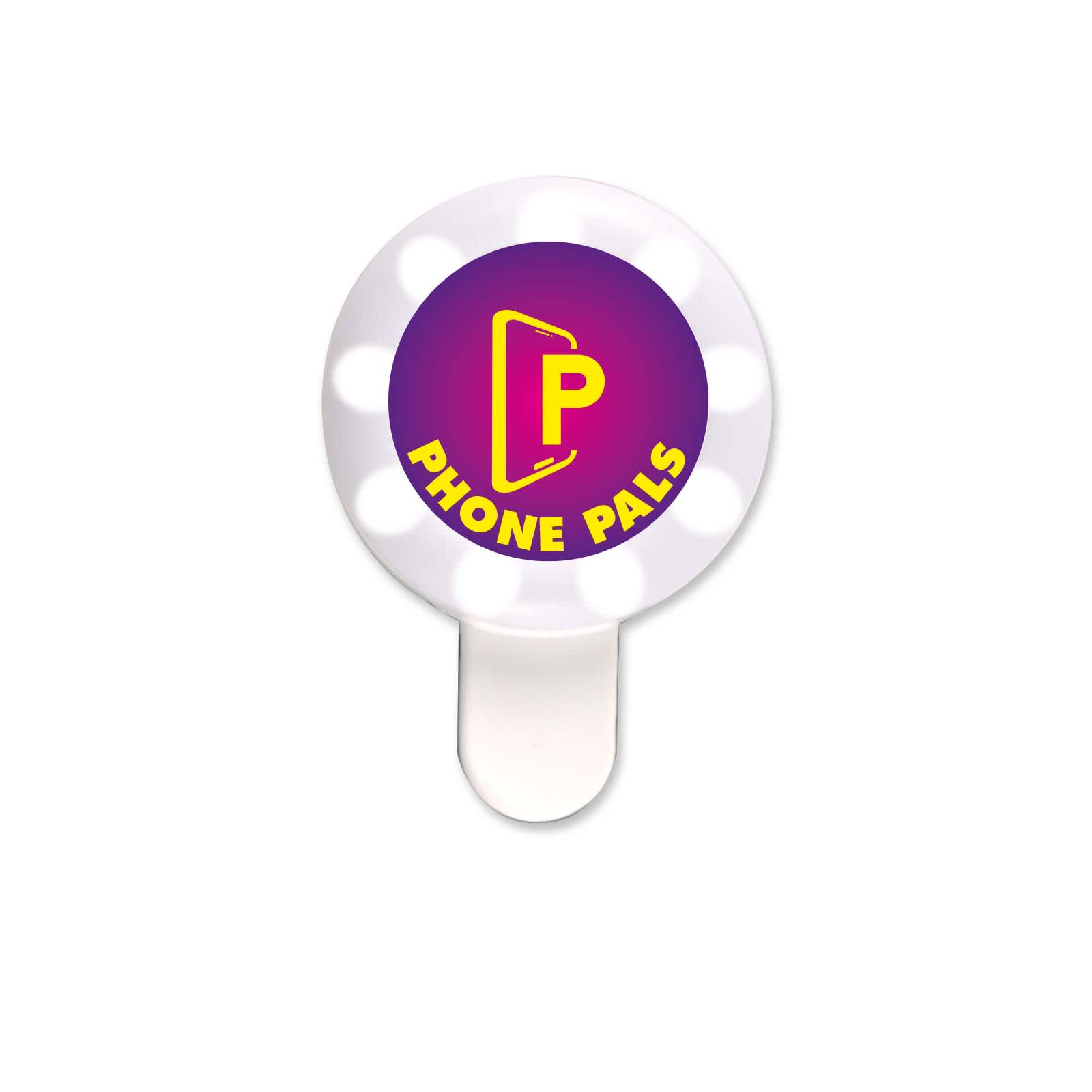 A round, LED selfie light with a white exterior and a purple circular logo featuring the words 