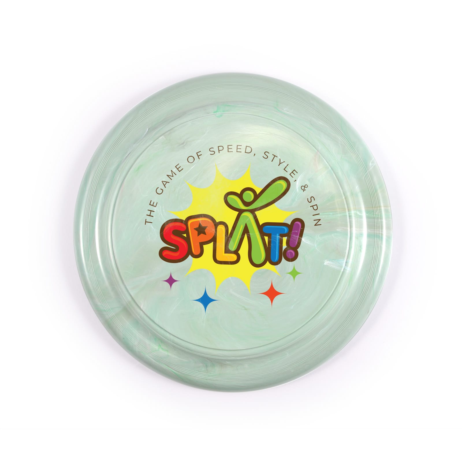 A green marbled flyer with colorful text and a logo in the center, designed for a game called 