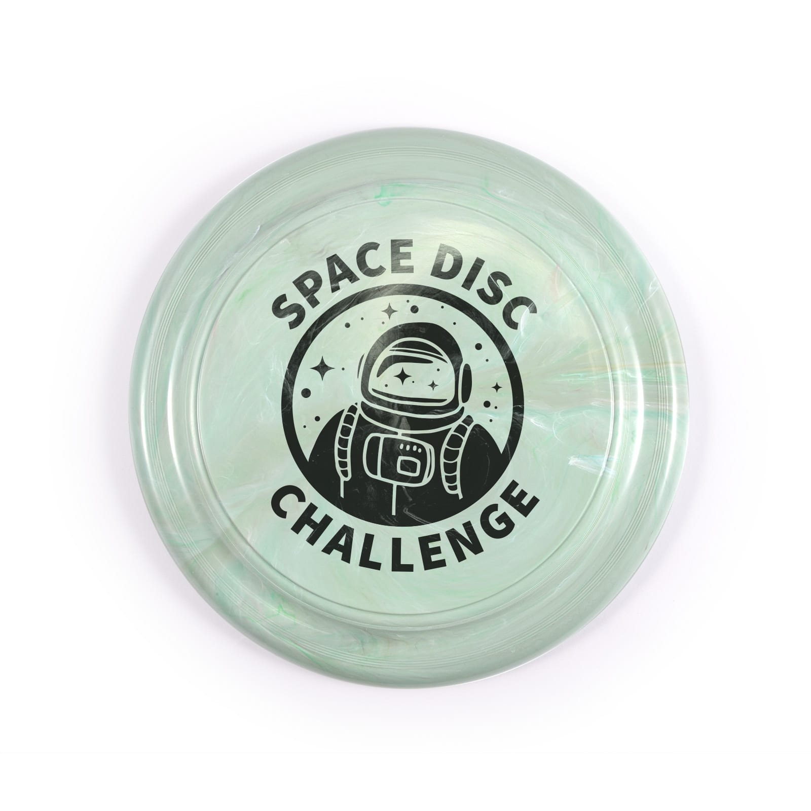 A flying disc featuring a marbled green design with the text 