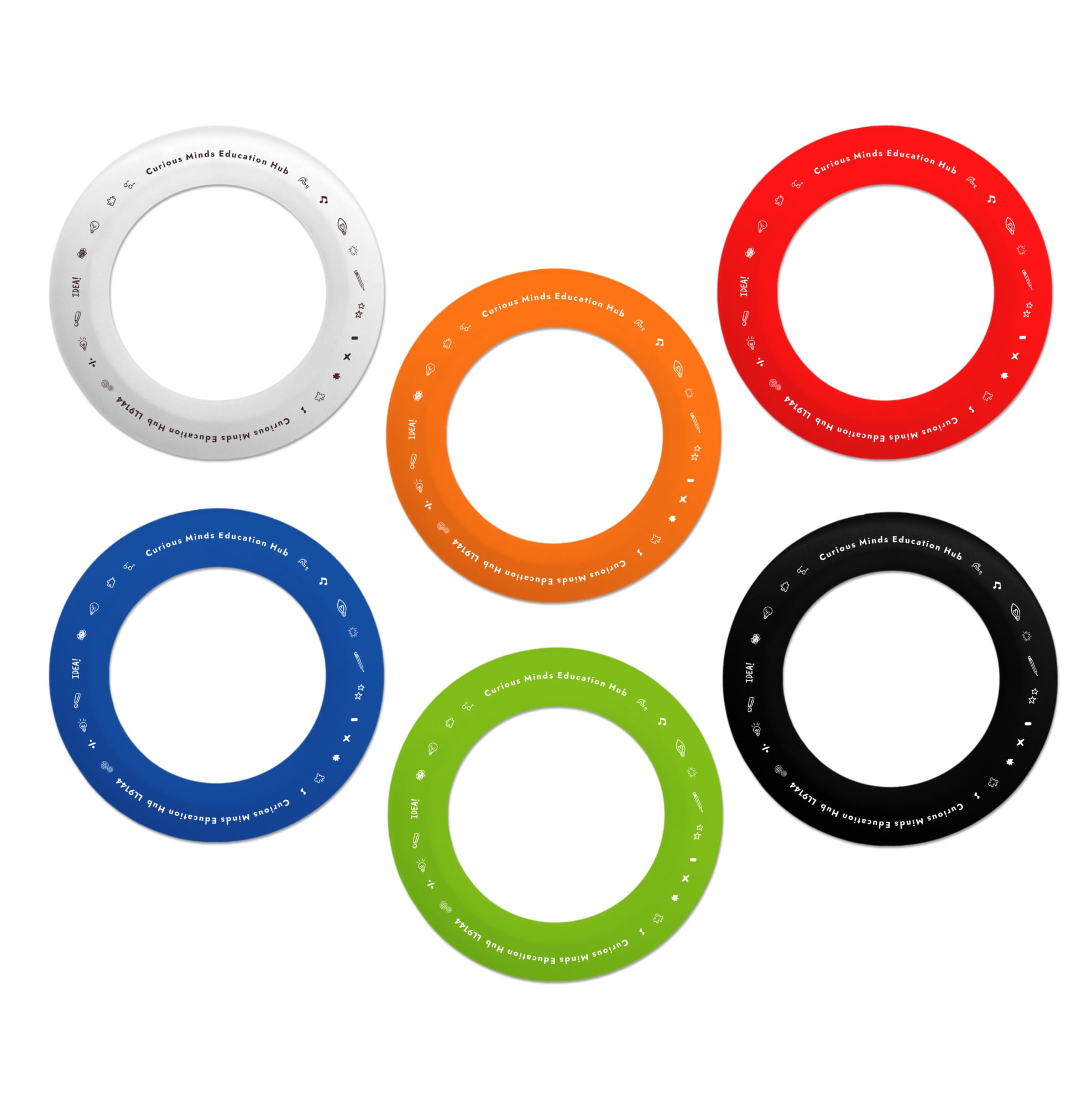 A set of six silicone flyers in white, orange, red, blue, green, and black, featuring various designs and a logo.