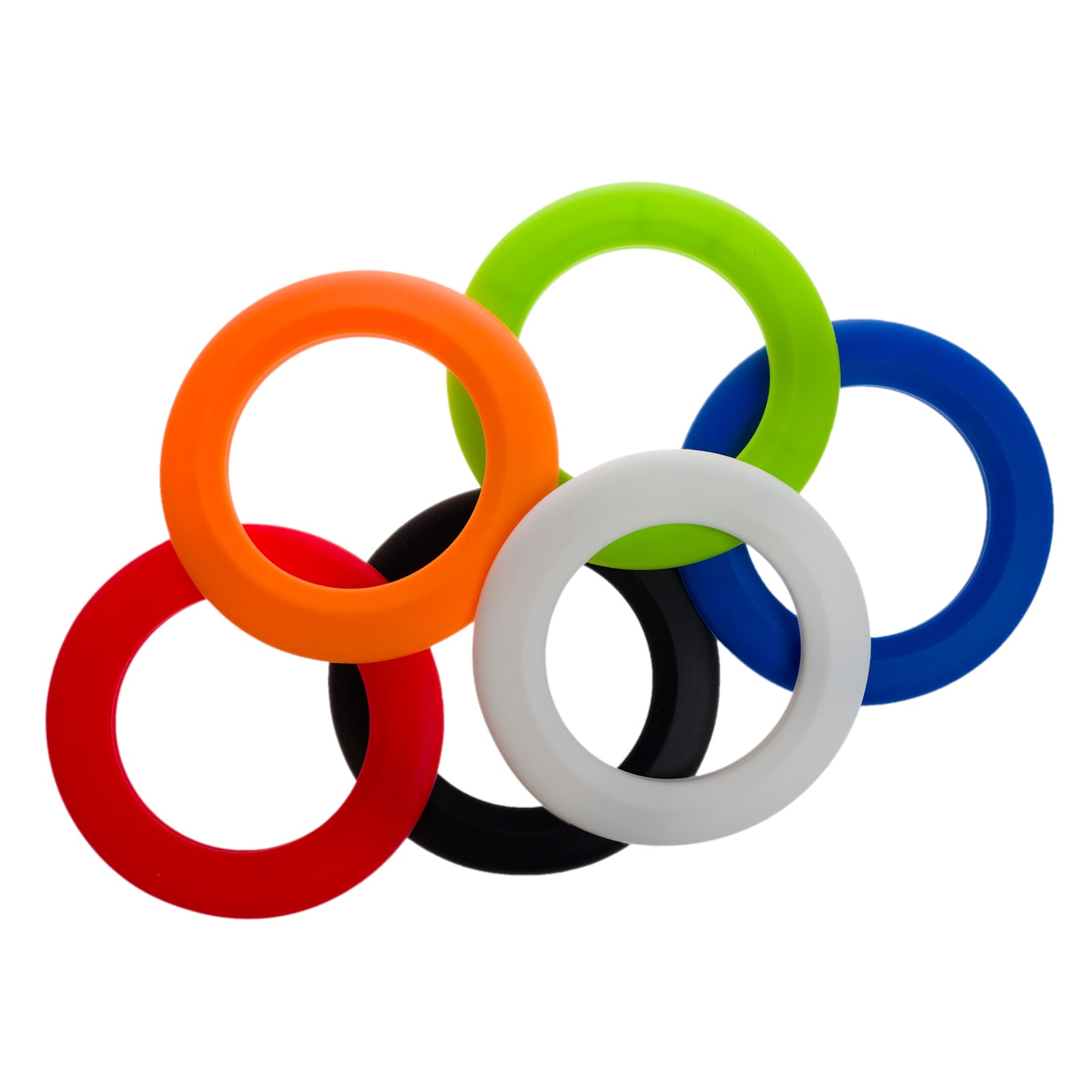 A set of six silicone flying discs in vibrant colors including red, orange, black, white, green, and blue.