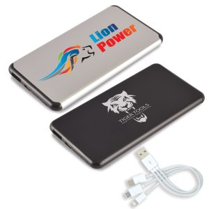 A silver power bank with a logo and a white multi-USB charging cable.