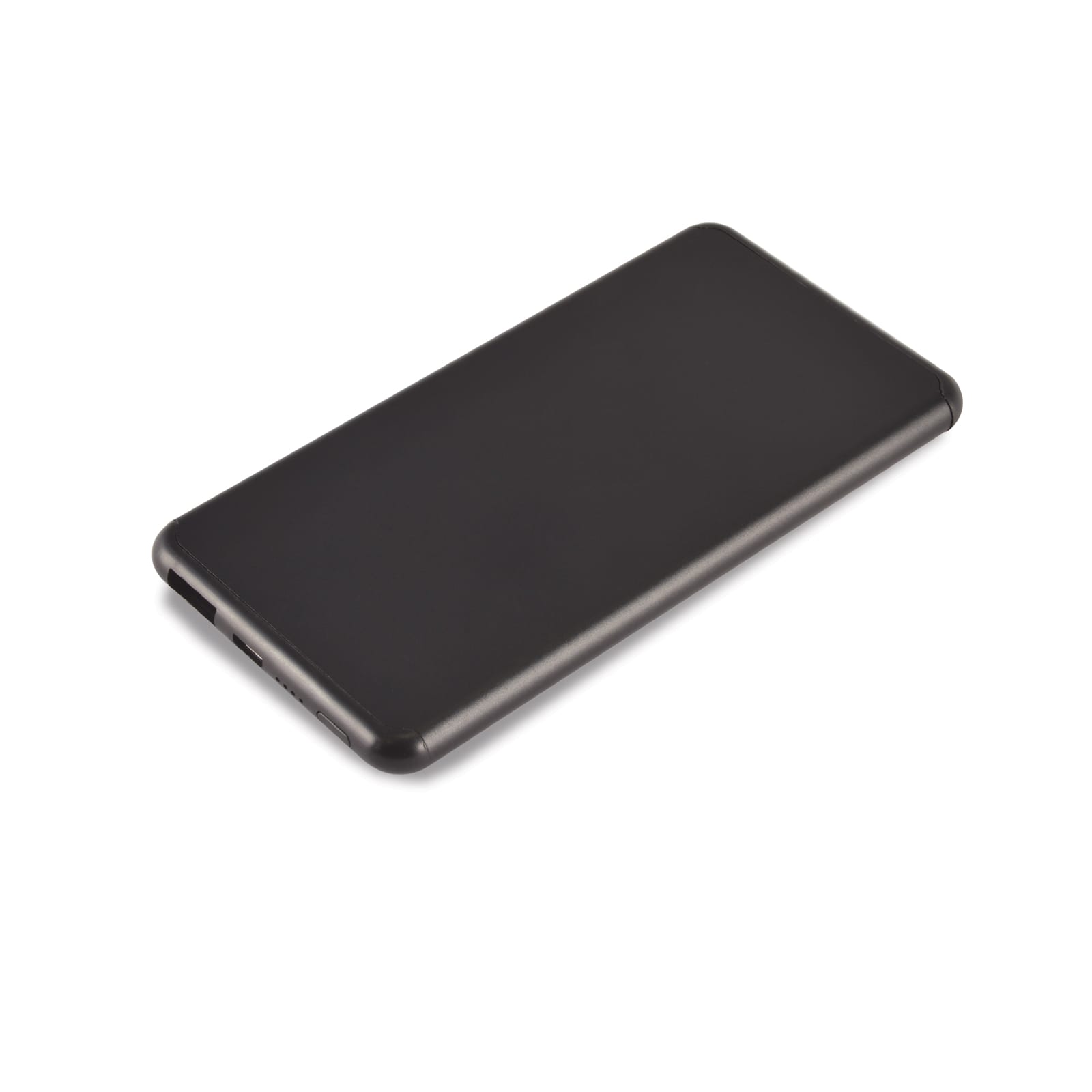 A silver power bank with a black edge, accompanied by a white multi-connector charging cable.
