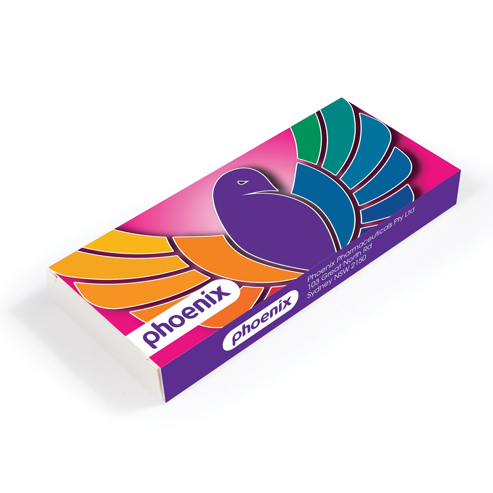 A colorful rectangular box featuring a stylized bird design and branding, predominantly in purple, pink, and green hues.