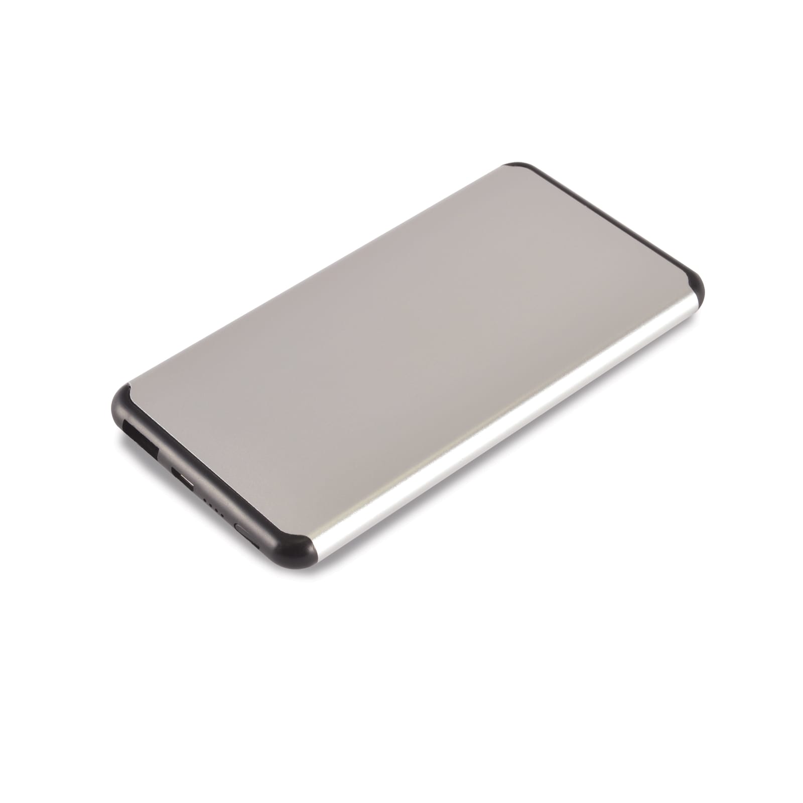 A sleek silver power bank with black edges, designed for charging devices on the go.