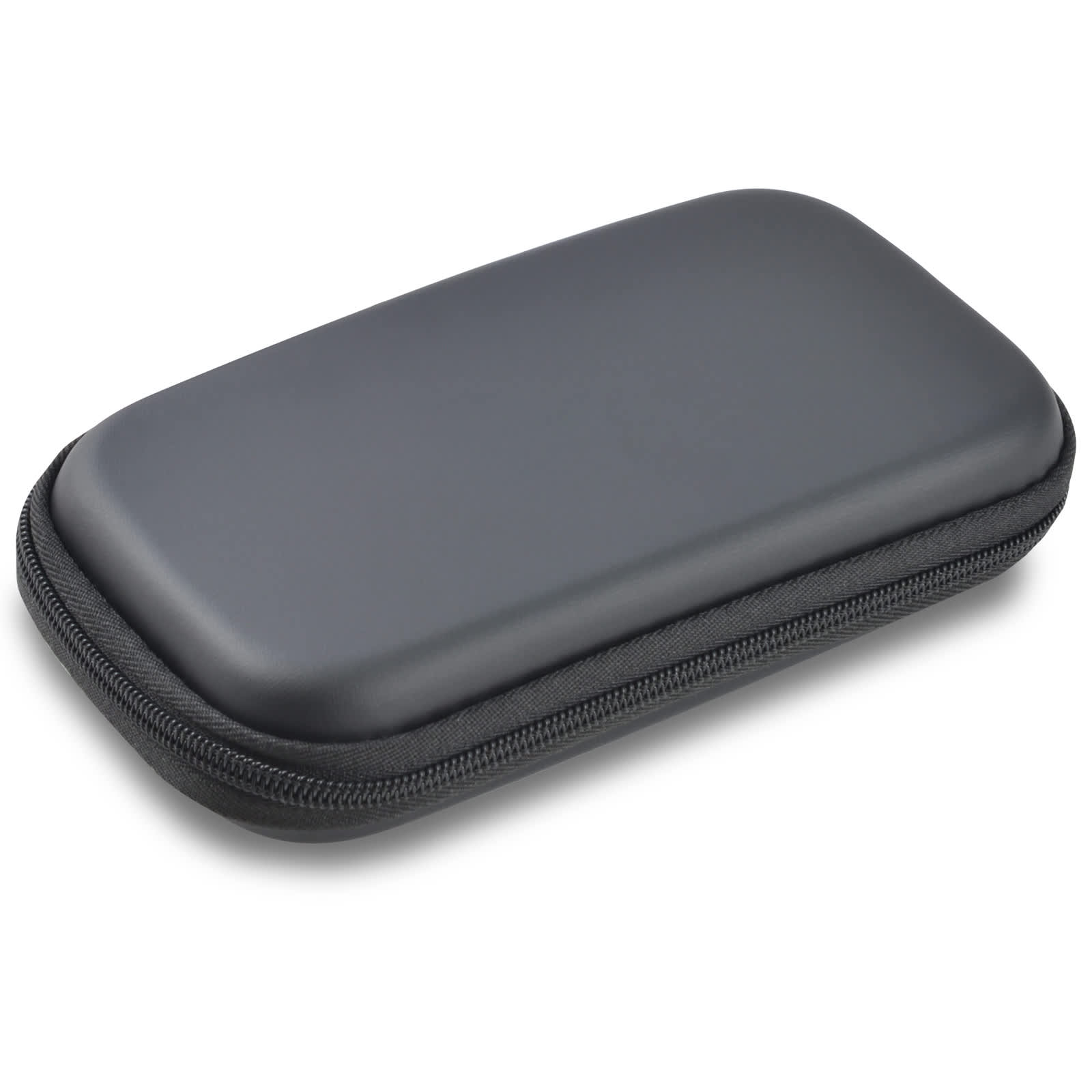 A sleek black power bank with a smooth surface and zippered case for easy storage and portability.