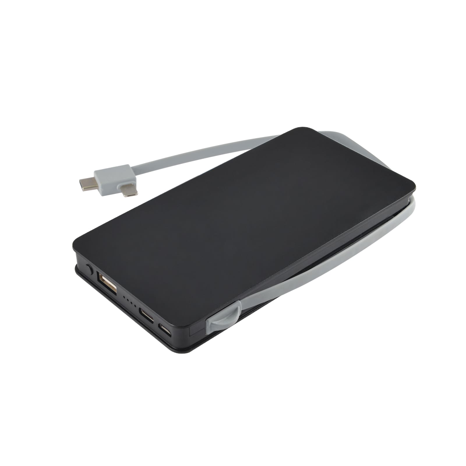 A power bank with a sleek black design, featuring USB ports and a built-in charging cable.