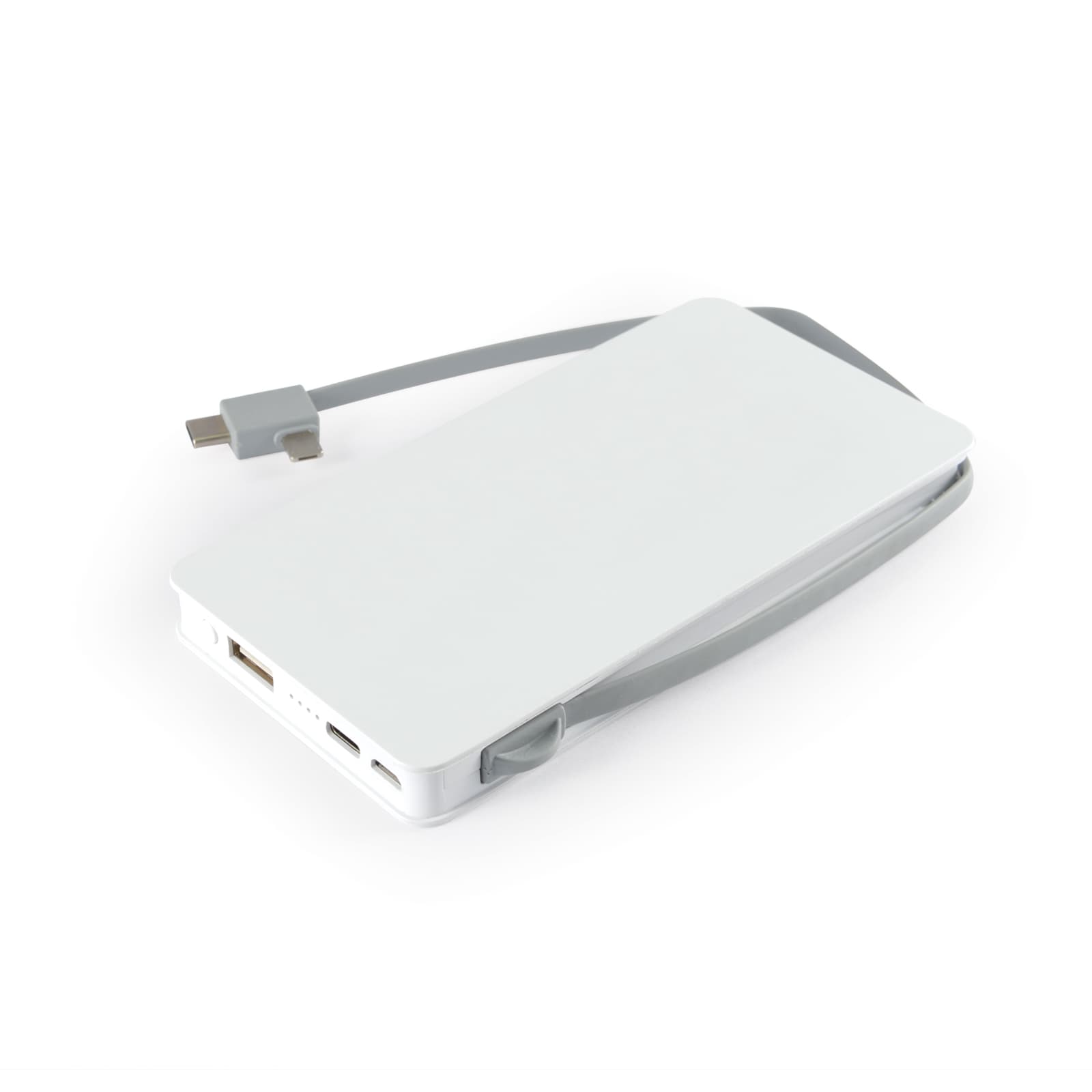 A white wireless power bank with a gray strap and connector for charging devices.