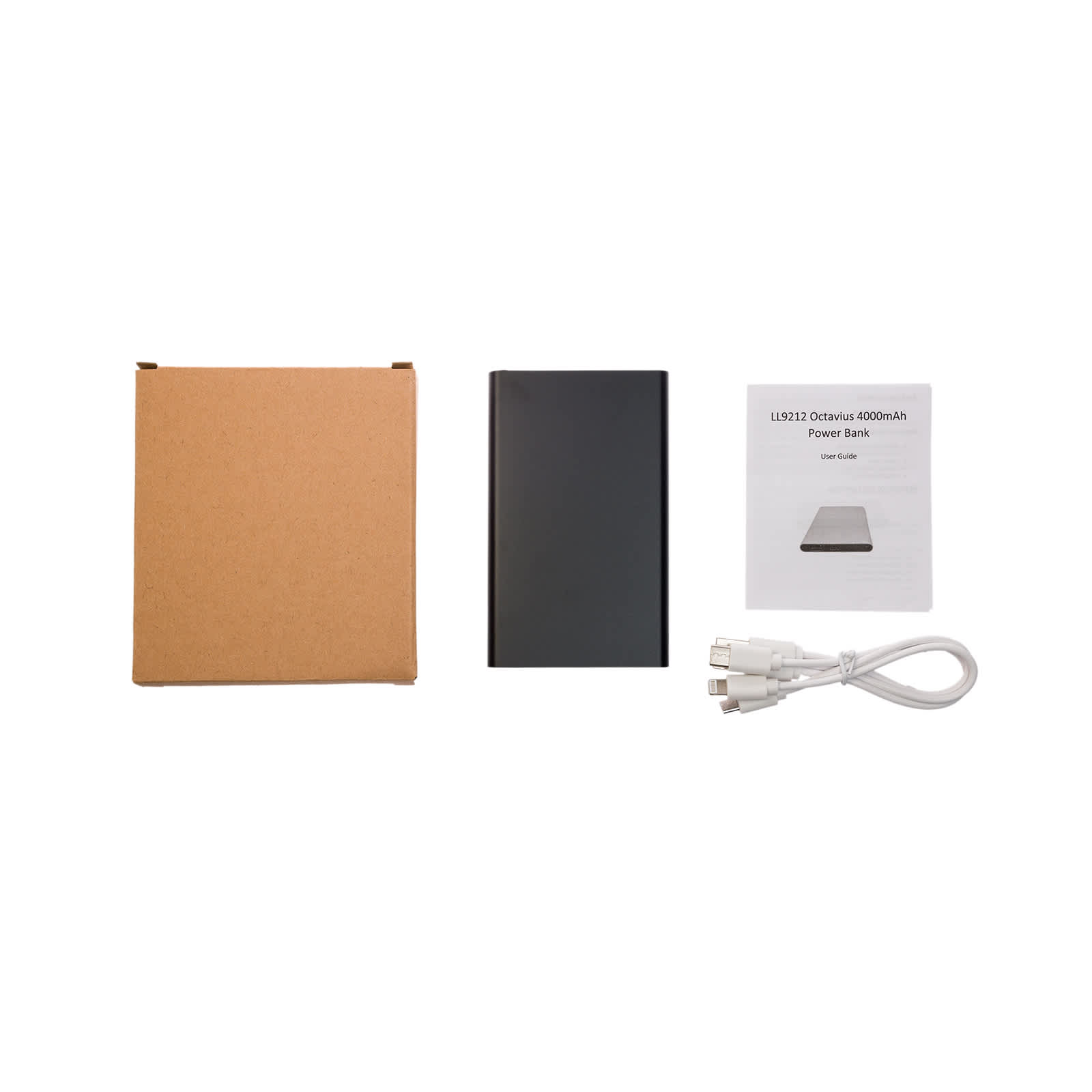 A black 4,000mAh power bank, a user manual, a charging cable, and a brown box are displayed together.