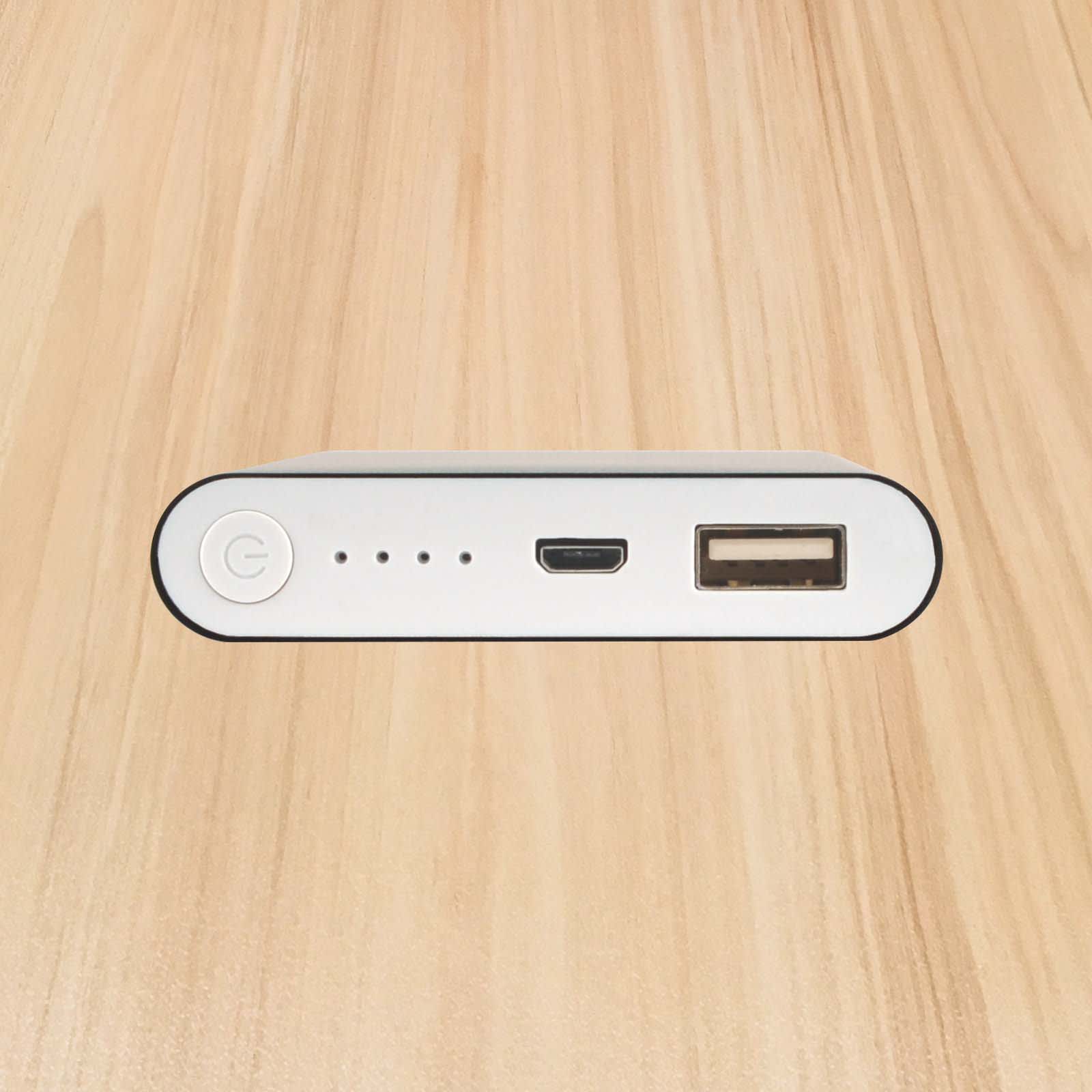 A white power bank with a USB port, a micro USB port, and indicator lights, viewed from the top.