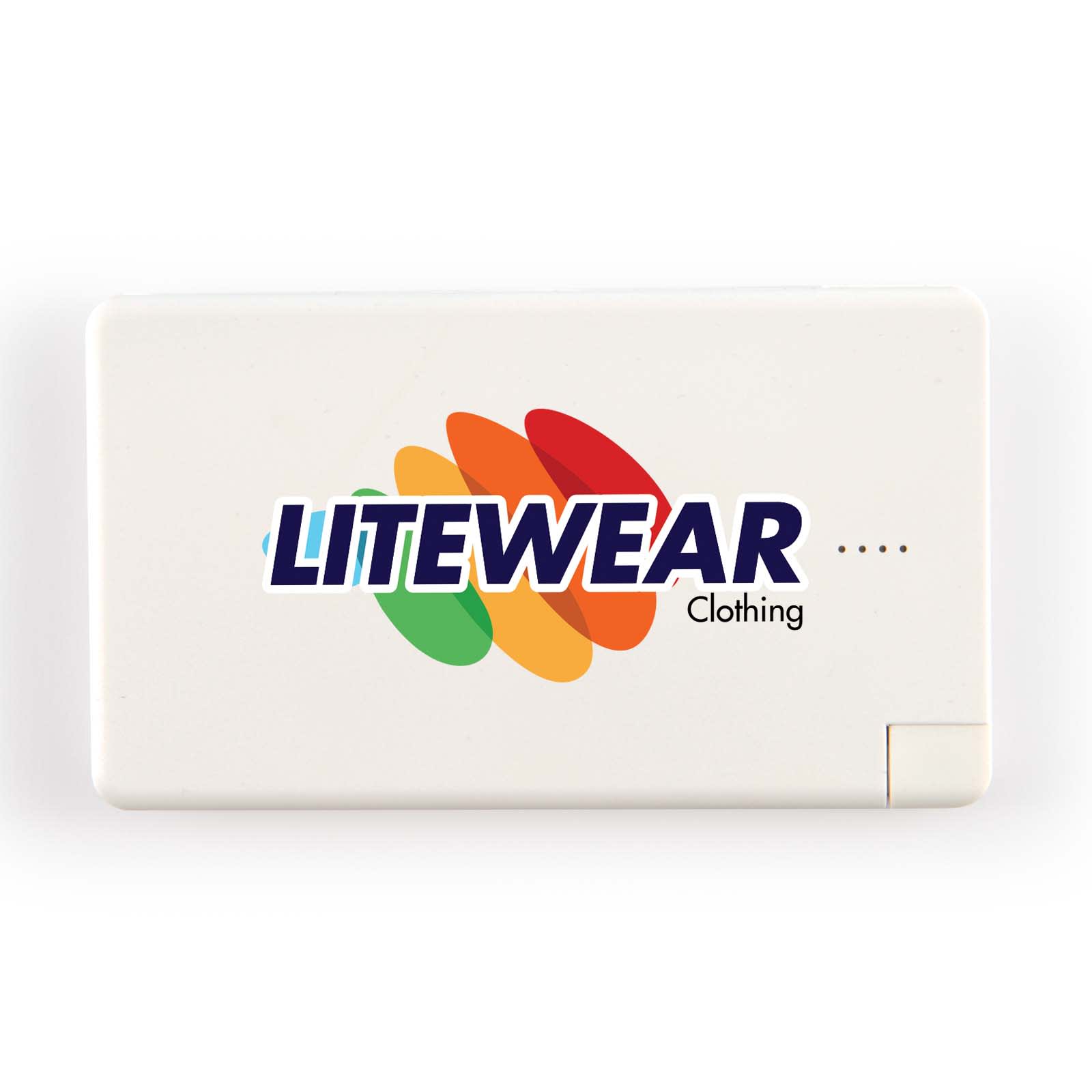 A white power bank with a logo, featuring a sleek design and multiple indicator lights.