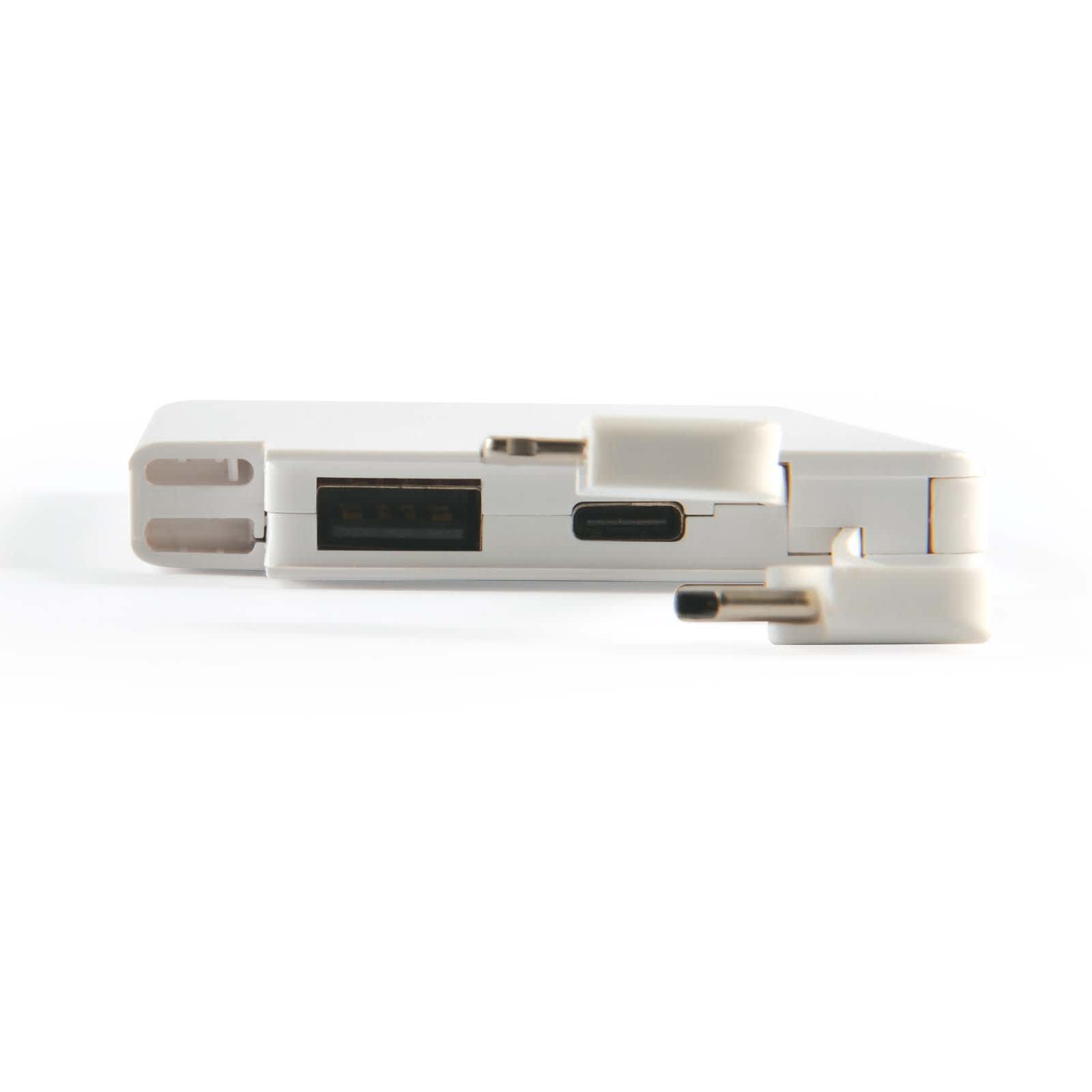 A white power bank with multiple ports and a compact design, featuring a logo on the side.
