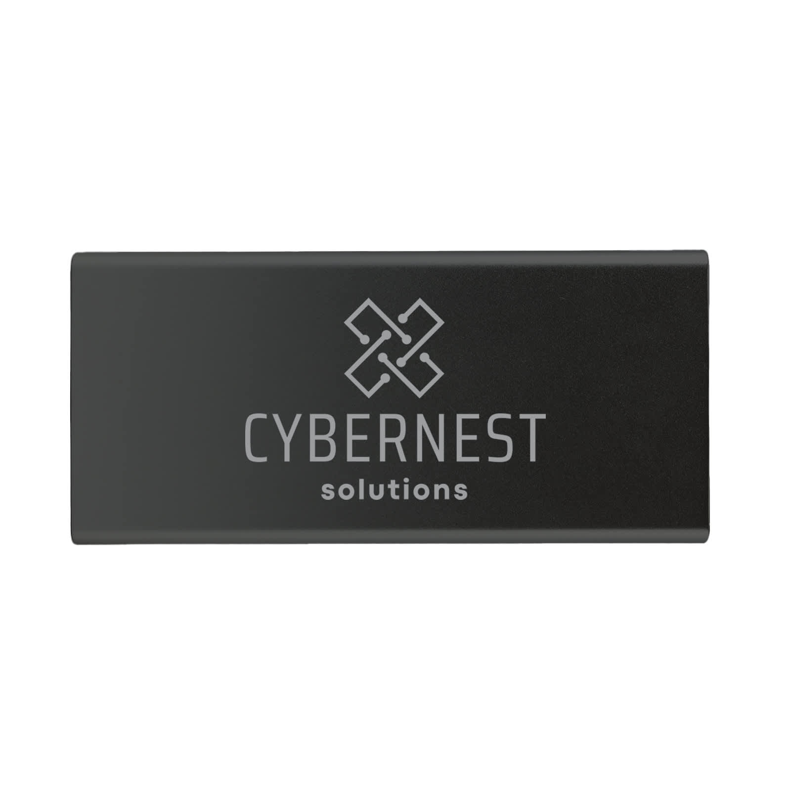A power bank featuring a sleek black design with the logo 