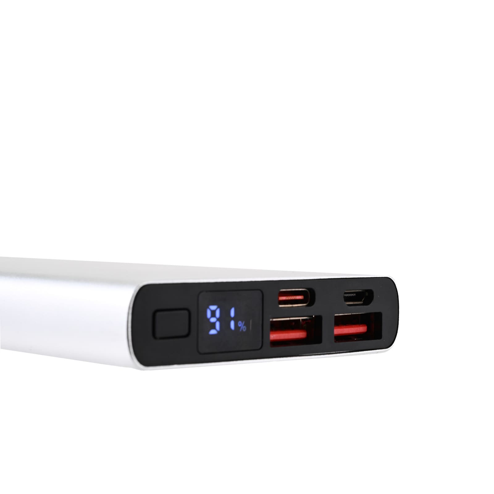 A sleek silver power bank with multiple ports, including USB and USB-C, displaying a battery percentage of 91%.