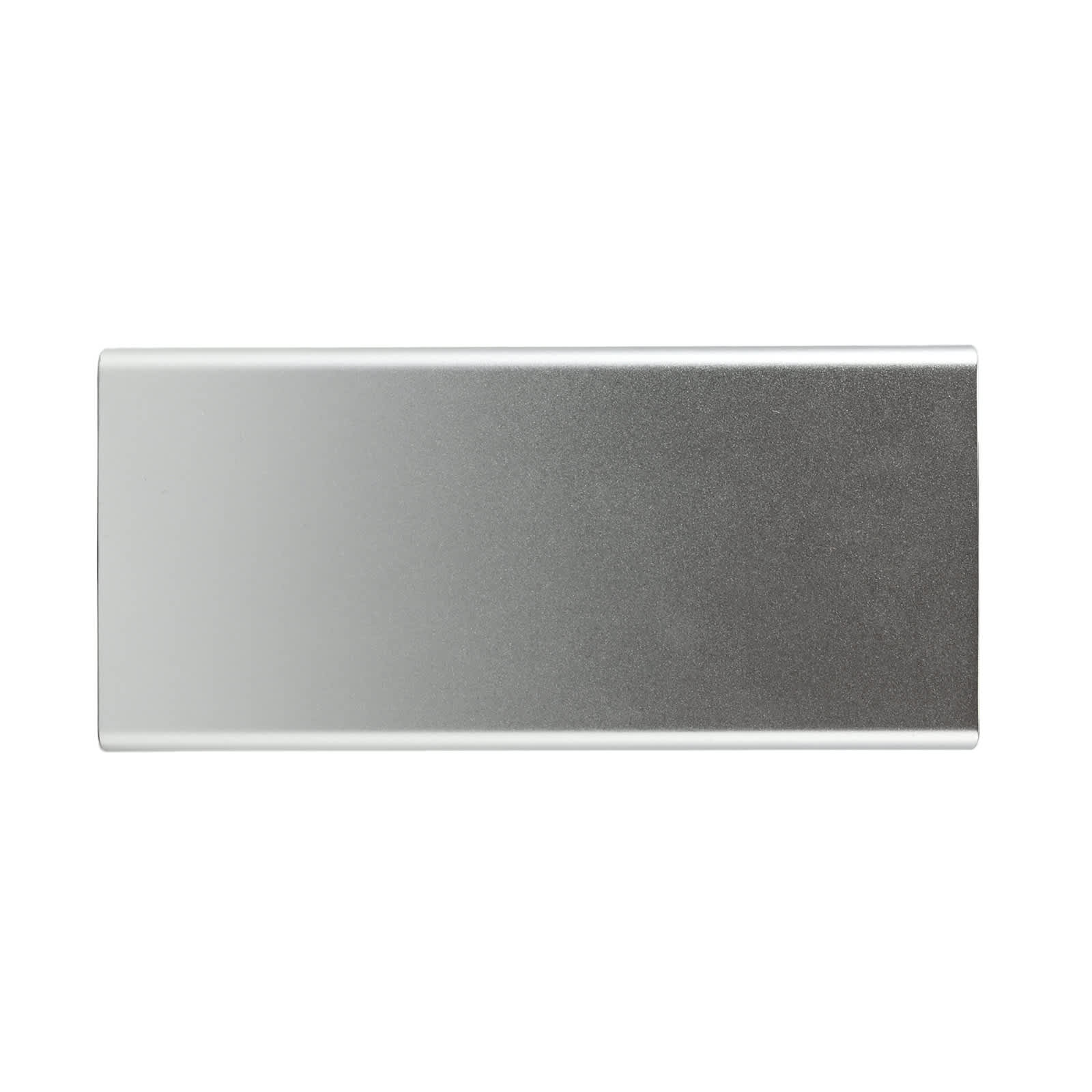 A power bank with a sleek, metallic design, featuring a gradient from silver to a darker gray finish.