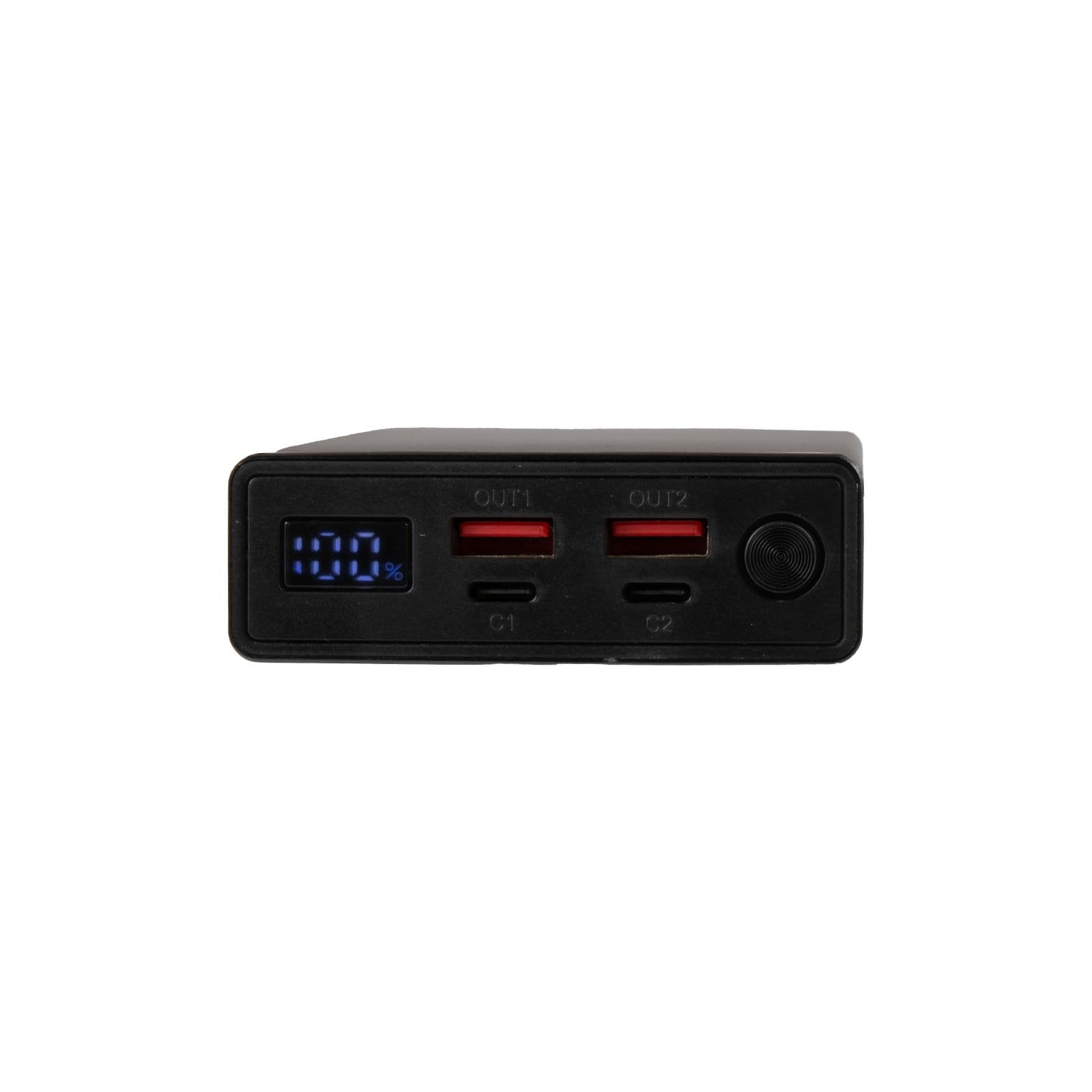 A power bank featuring two USB output ports, an LED display showing battery percentage, and a compact design in black.