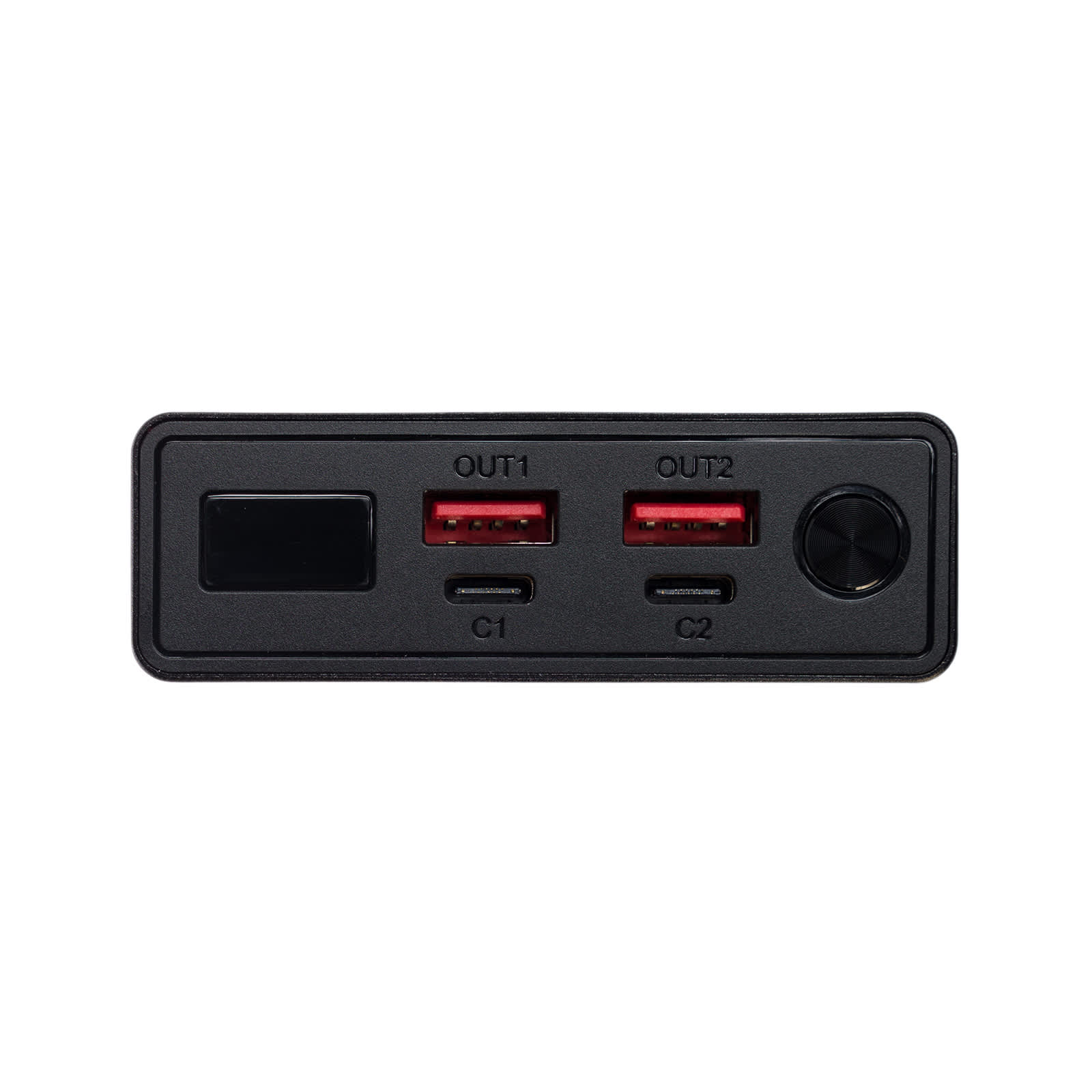 A black power bank featuring two USB output ports, a USB-C port, and a control dial. It includes a logo.