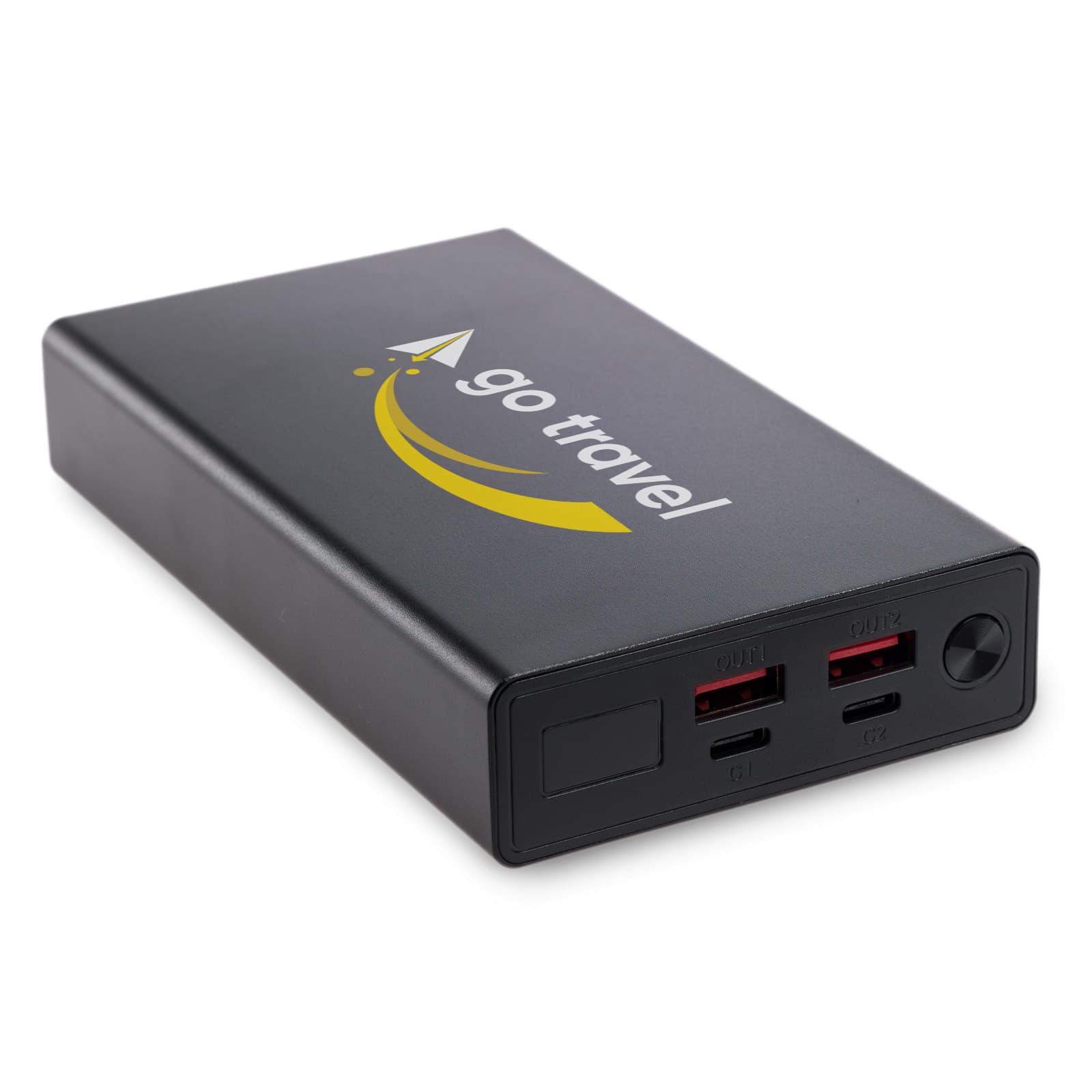 A power bank with a sleek black design featuring the text 
