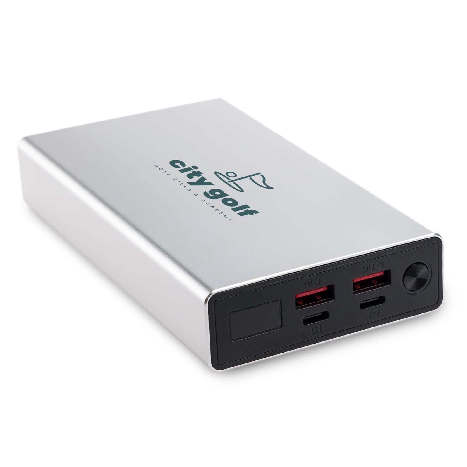 A silver power bank with multiple USB ports, featuring the logo of 