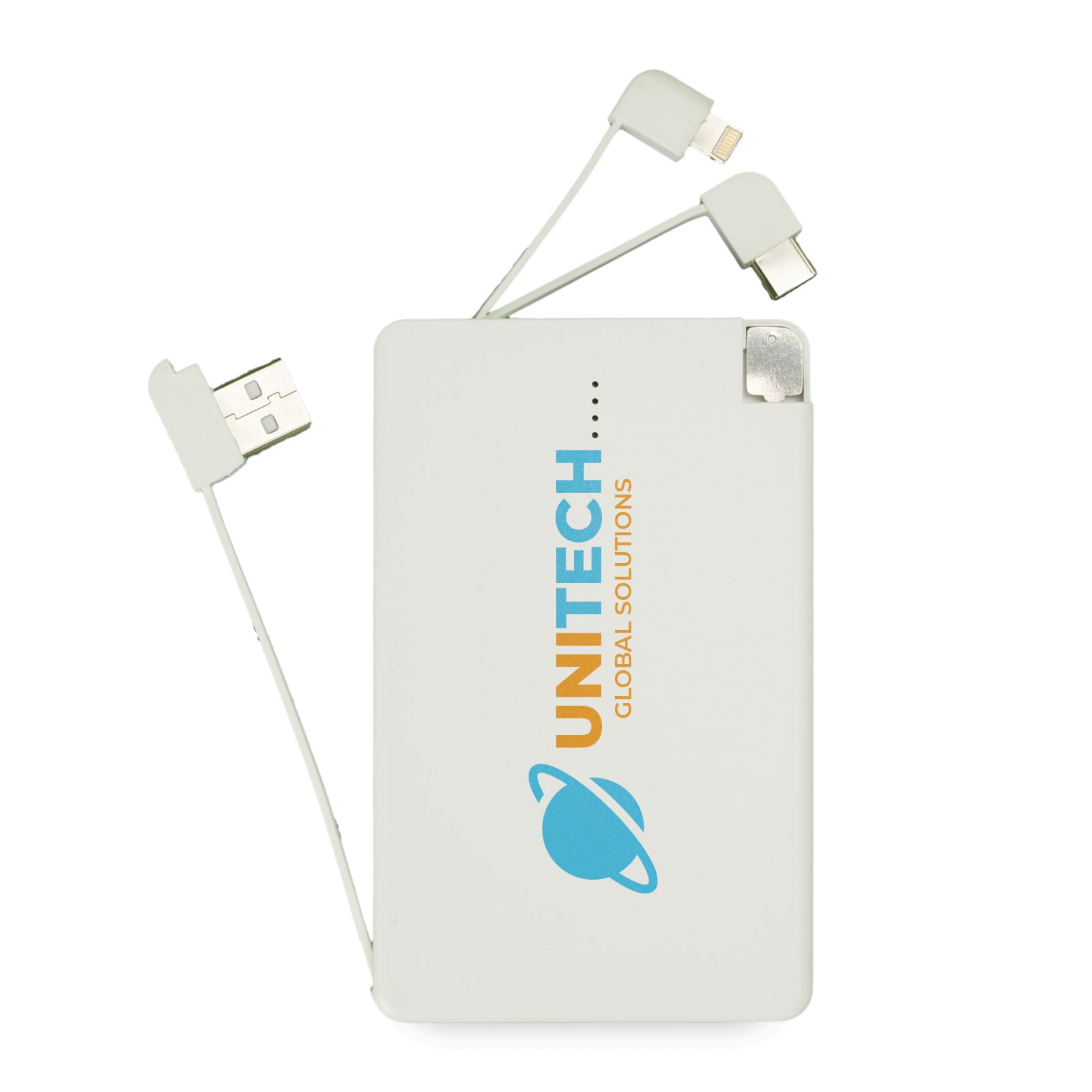 A 10,000mAh power bank with three built-in charging cables and the branding 