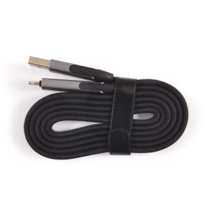 A charging cable with a braided black exterior, featuring USB connectors at both ends.