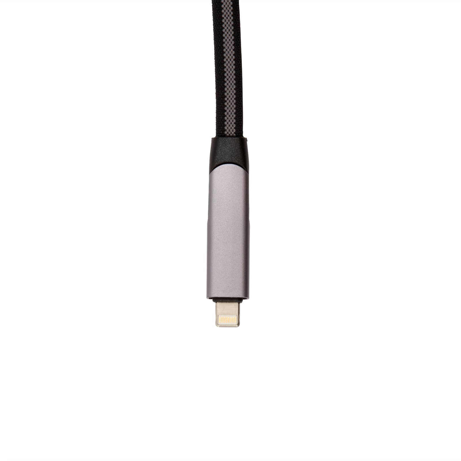 A charging cable with a sleek, metallic connector and a braided black exterior.