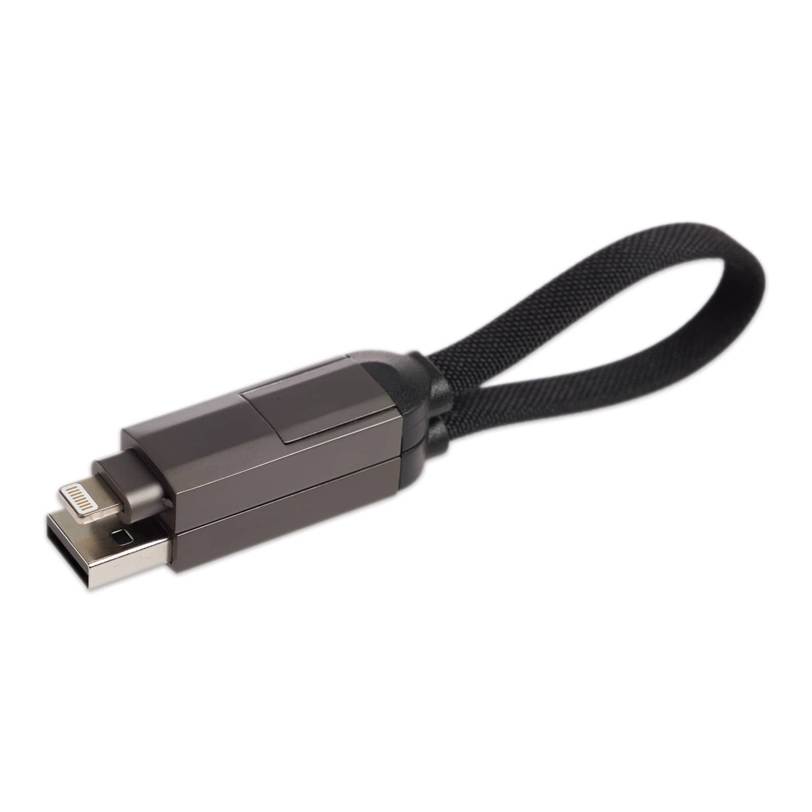 A gray charging cable with a looped strap, featuring multiple connector types for versatile use.