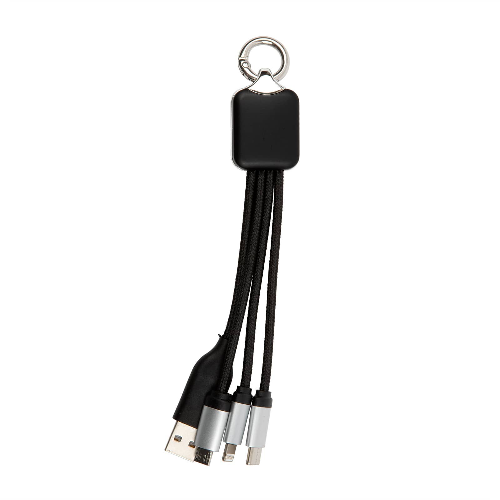 A charging cable with multiple connectors, featuring a black and silver design, attached to a keyring.