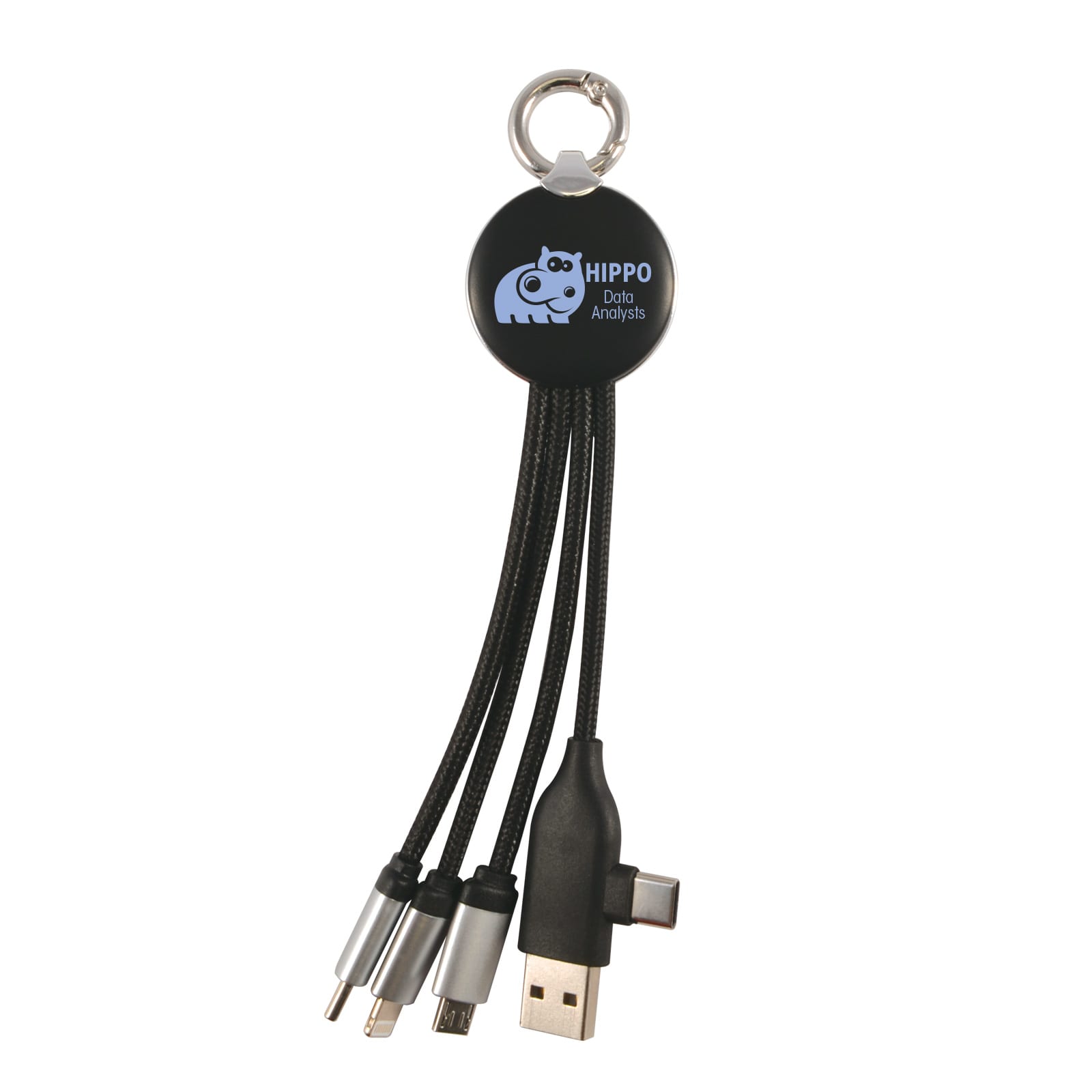 A black charging cable with multiple connectors attached to a keychain, featuring a logo.