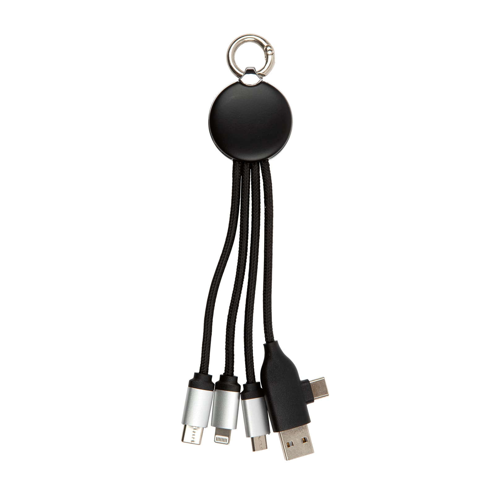 A black Kinetic Round Glow Cable with multiple connectors for different devices, featuring a keyring attachment.