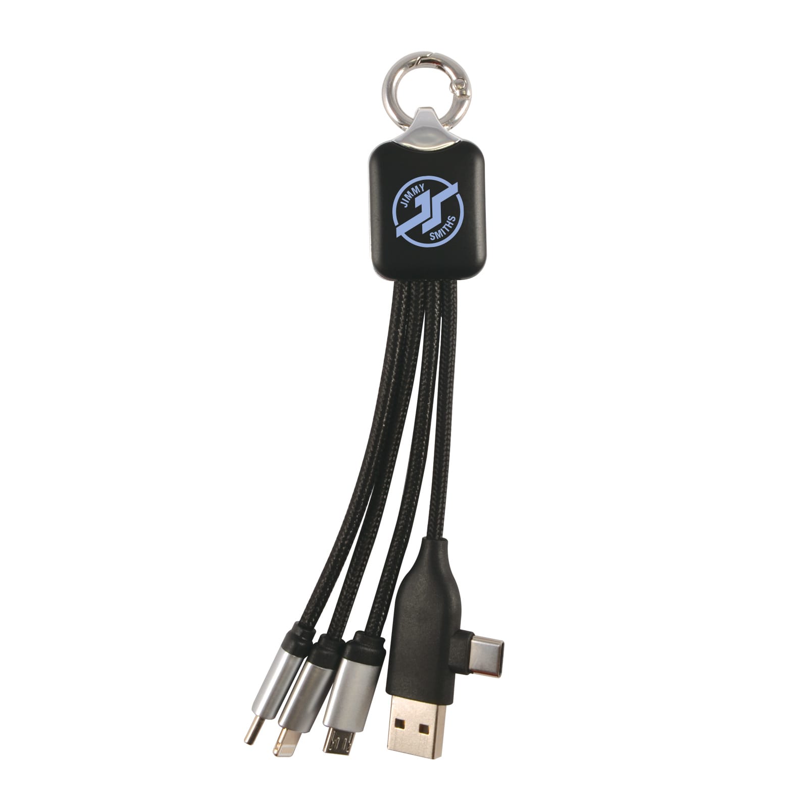 A charging cable with a black housing and three different connectors, featuring a keychain attachment.