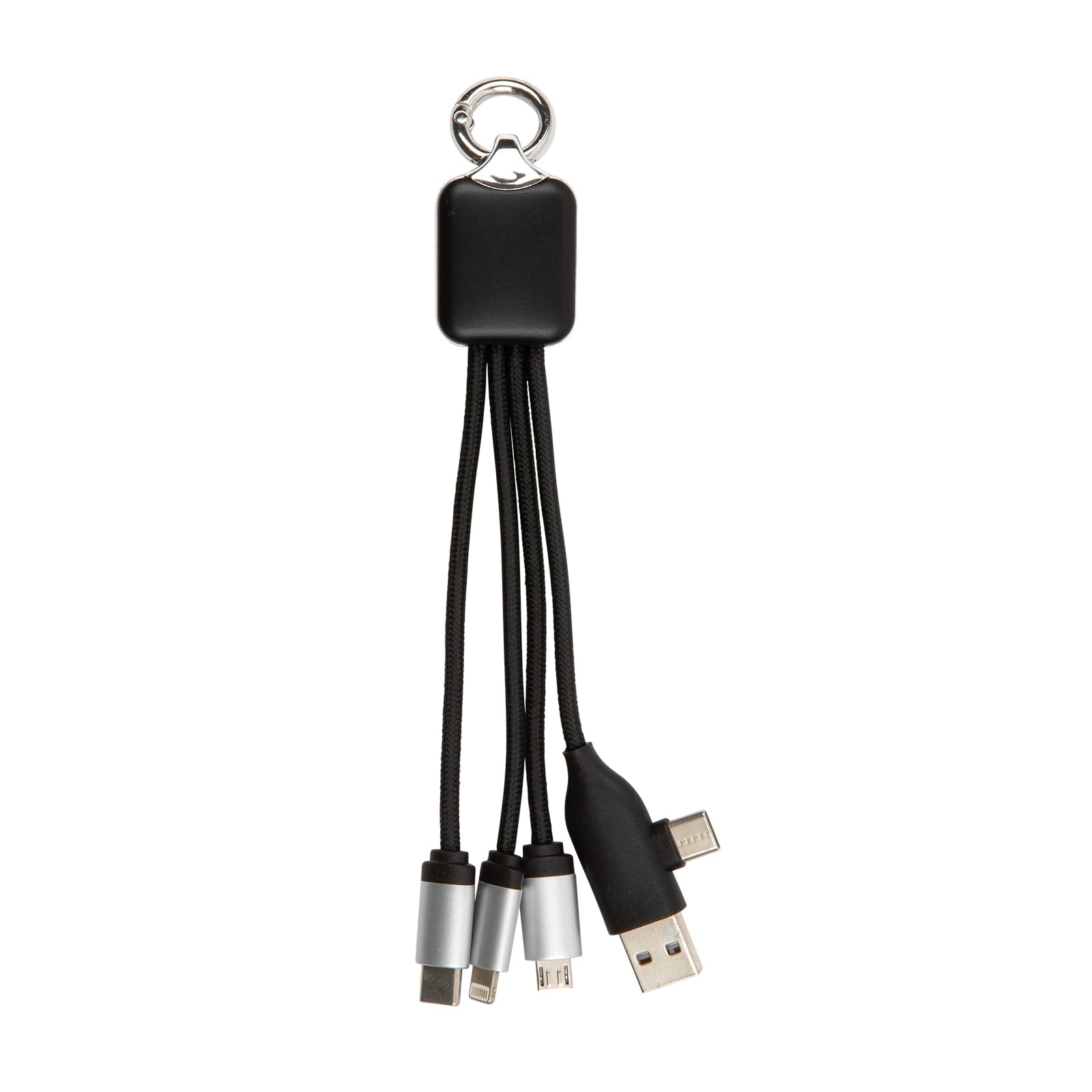 A black charging cable with multiple connectors attached to a keychain clip.