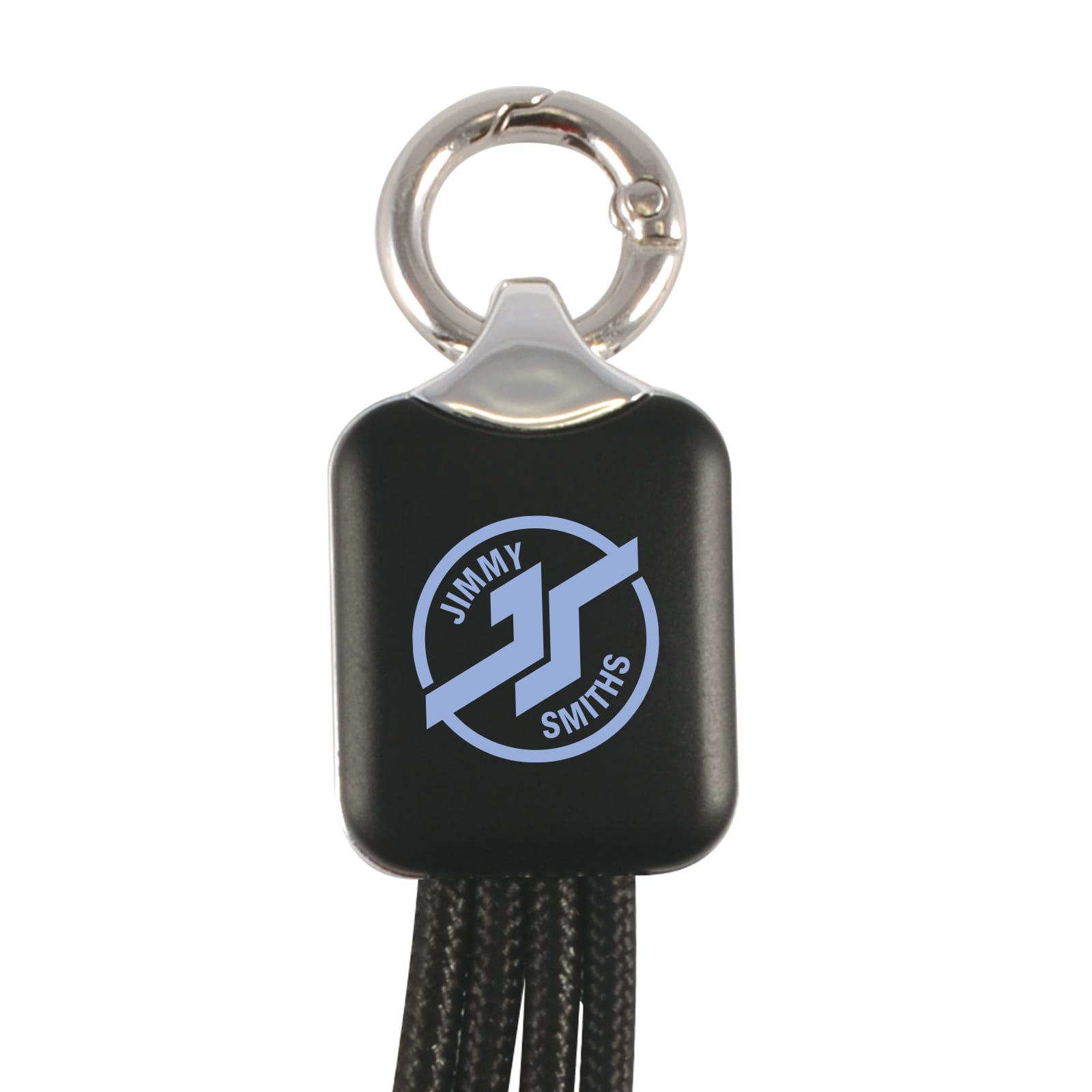 A black charging cable with a keyring attachment, featuring a logo on the front. The cable has a braided design.