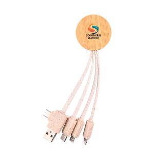A round bamboo charging cable with multiple connectors in a soft pink color, featuring a logo on the circular bamboo part.