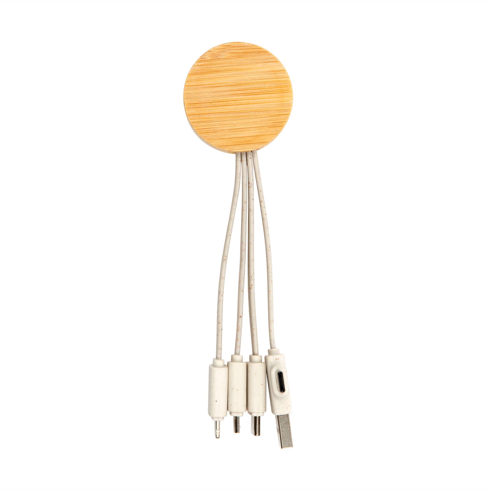 A round bamboo charging cable in natural and white, featuring multiple connector options. Includes a logo.
