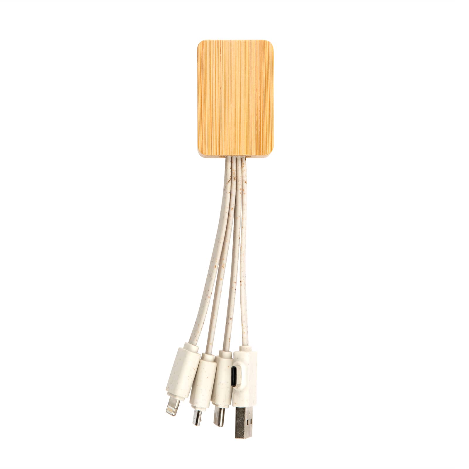 Bamboo charging cable with a rectangular top, featuring three white charging connectors.