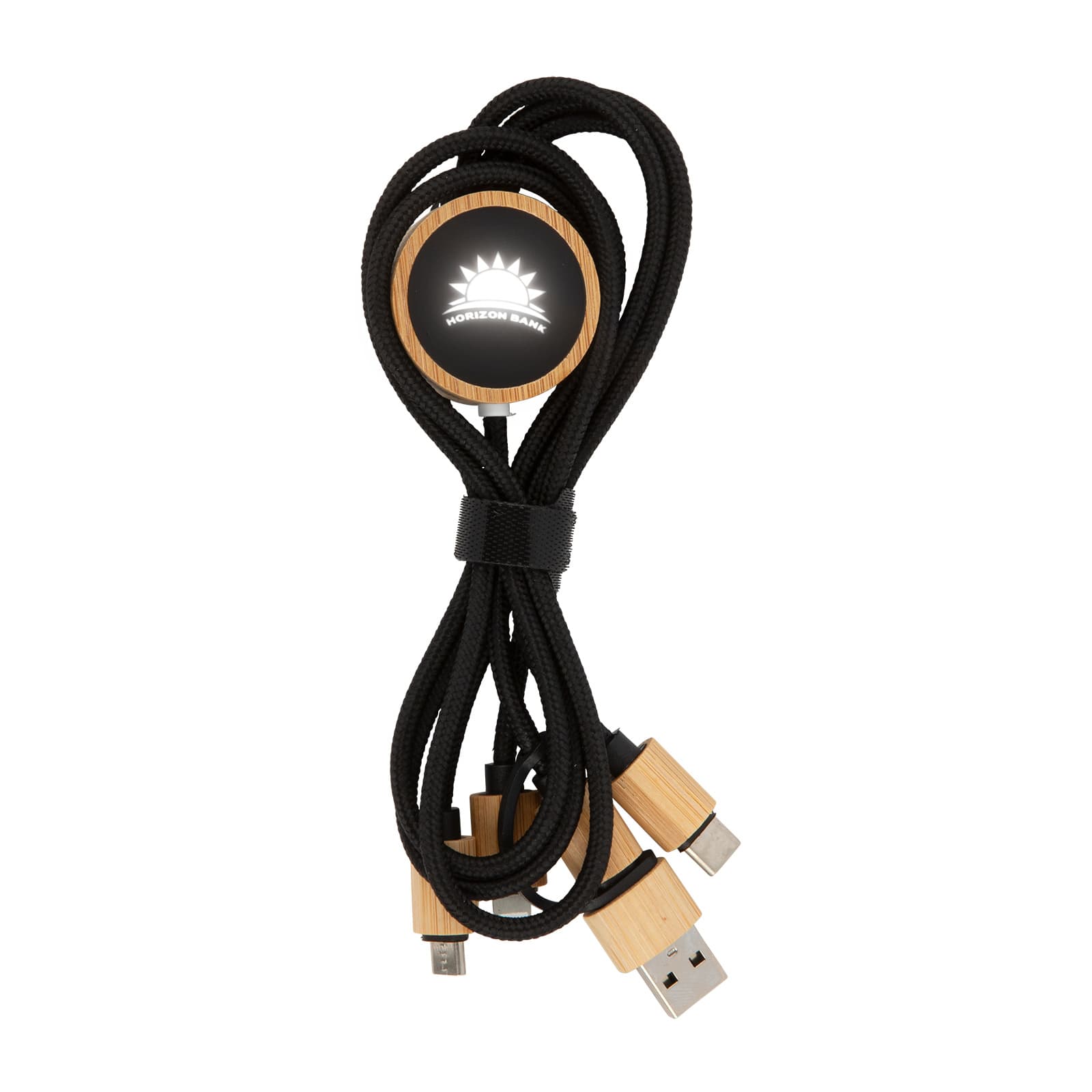 A charging cable with a black braided design and wooden connectors, featuring a circular logo at one end.