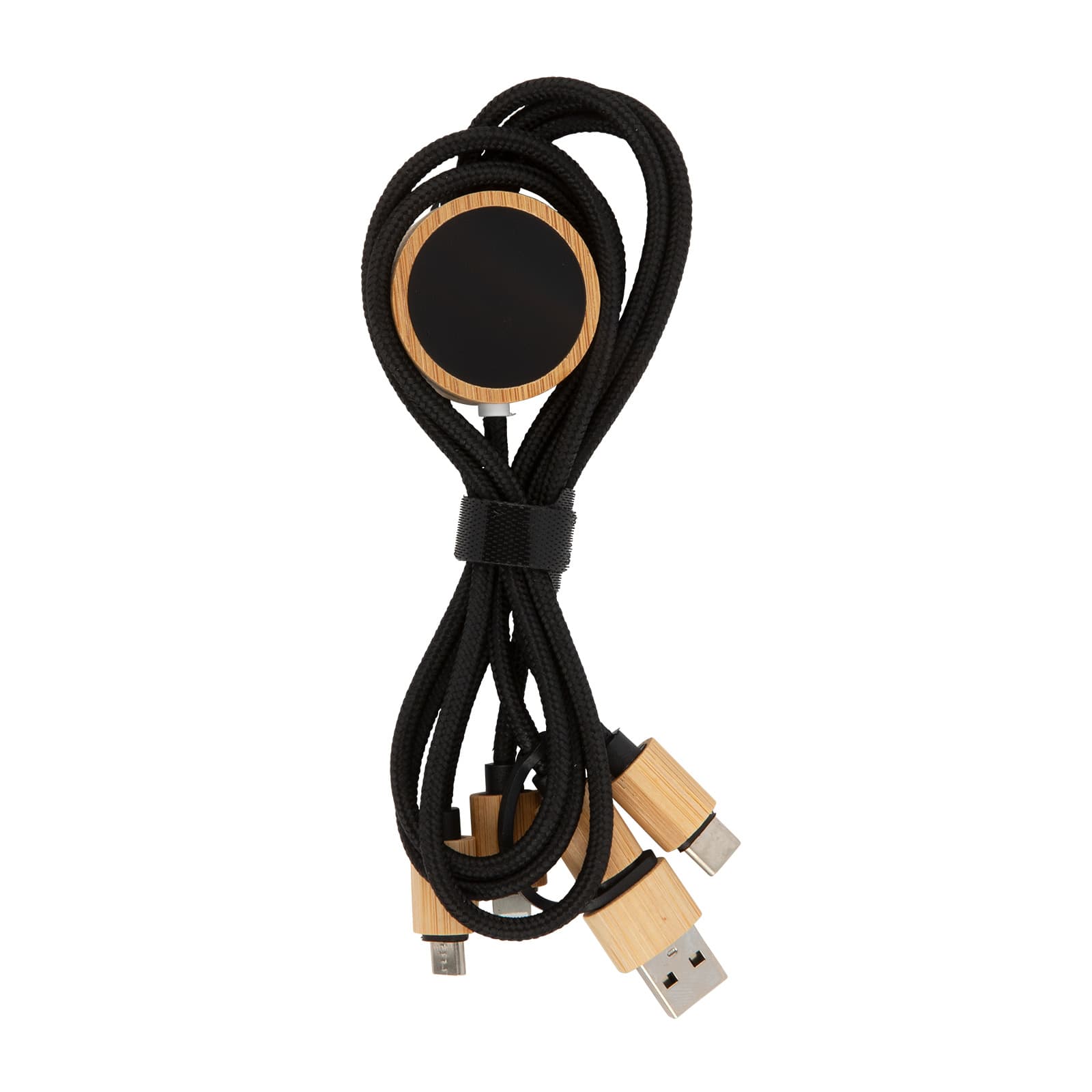 A charging cable with a black and bamboo design, featuring multiple connectors for different devices.