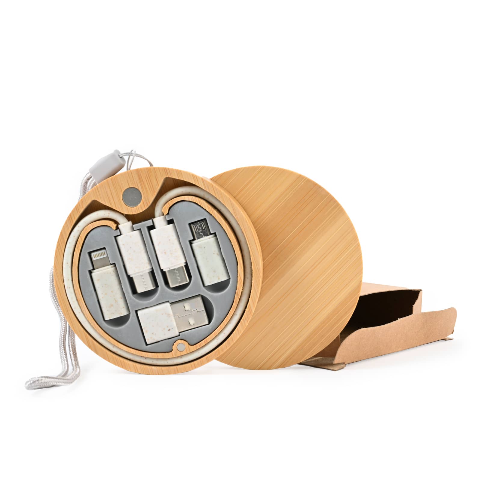 A circular bamboo charging cable set with various connectors displayed in a round case, alongside a brown cardboard box.